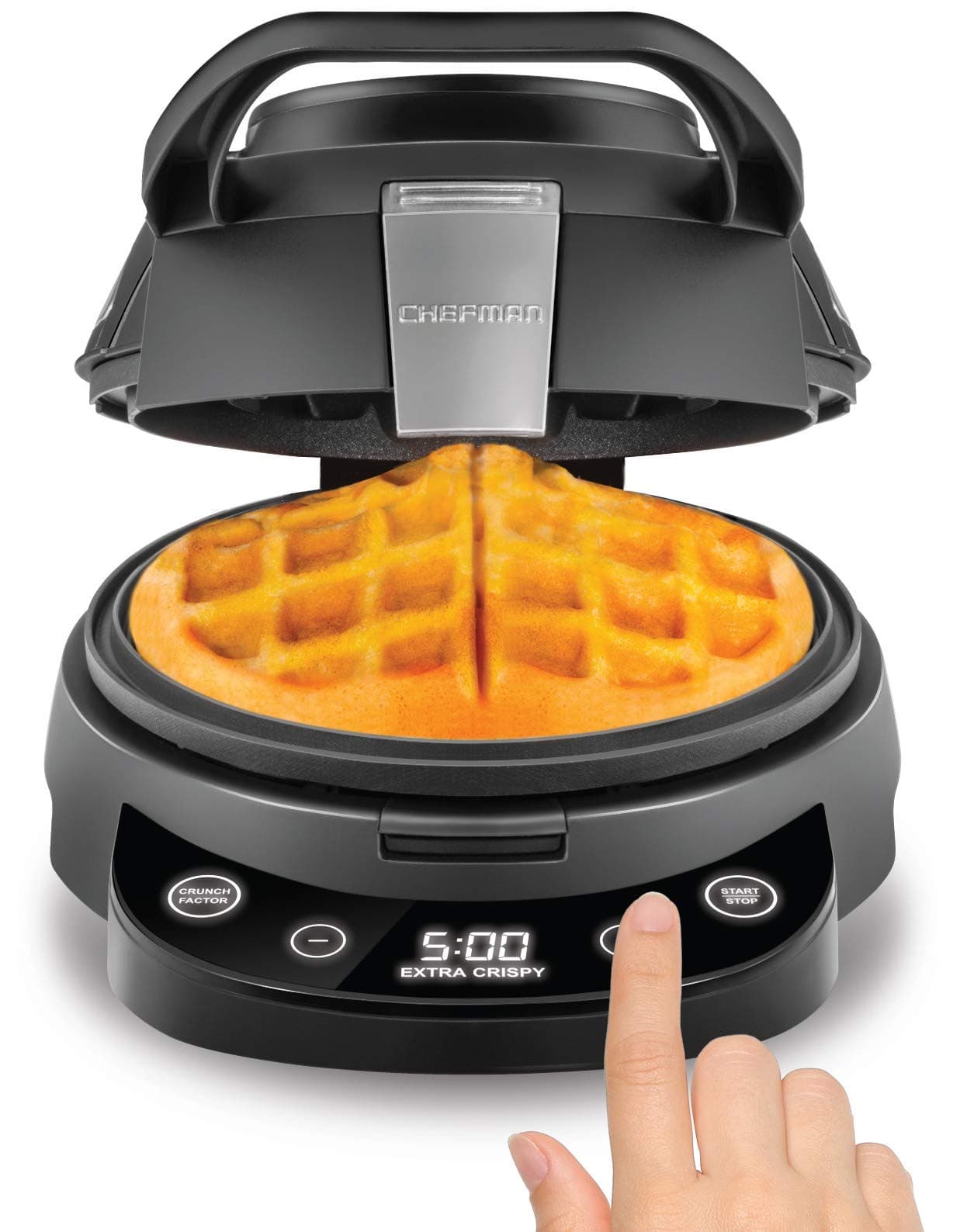 Chefman Perfect Pour Volcano Belgian Waffle Maker, Round Non-Stick & Anti-Leak Iron, Mess-Free Breakfast, Programmable Presets & Digital Touchscreen Display, Cleaning Tool & Measuring Cup Included