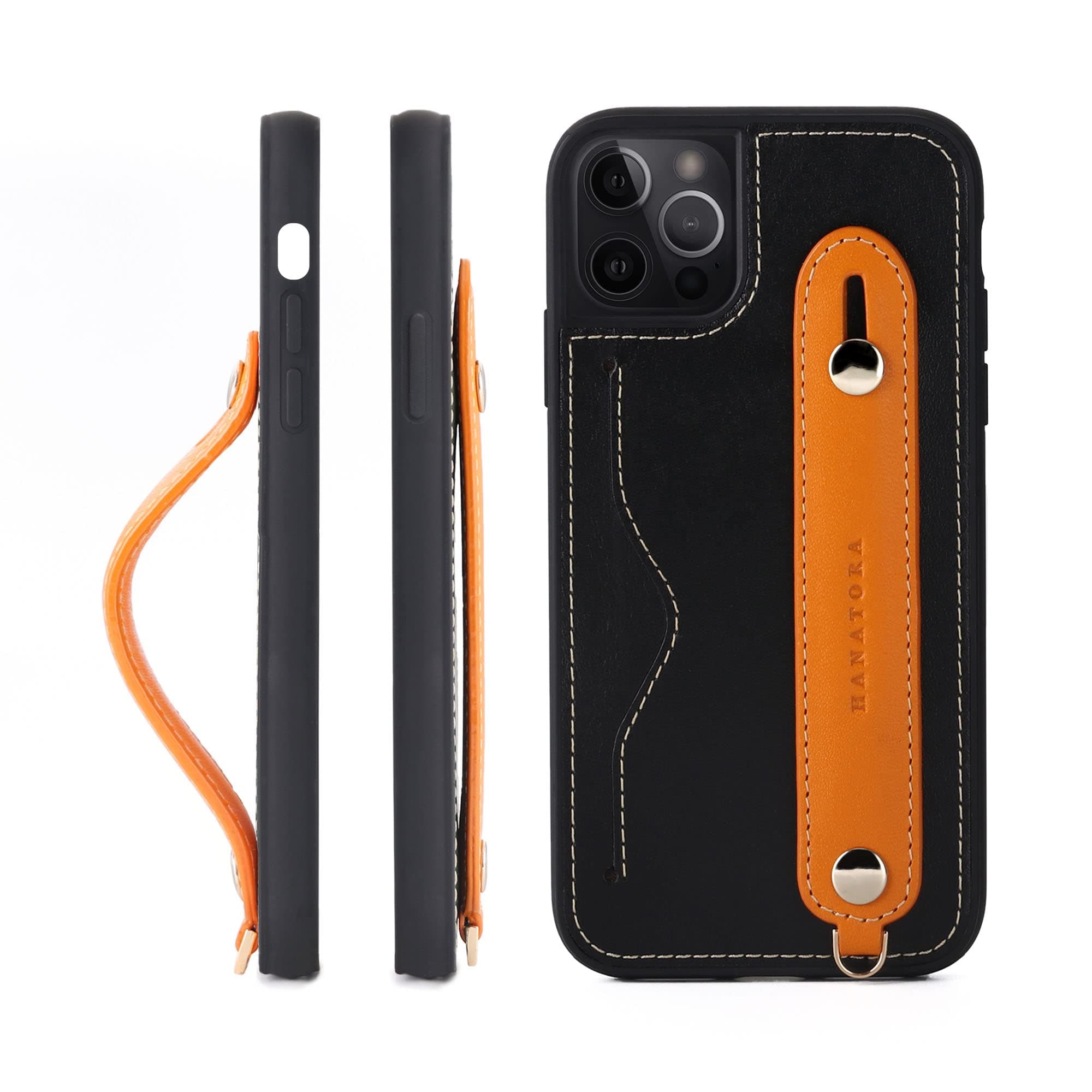 Hanatora] iPhone14 Pro Case Genuine Leather Leather Grip Leather Strap Attached Italian Cowhide Tanned Leather One-Handed Card Slot Stand Function Men's Women's Black/Orange CGH-14Pro-Black-OG-US