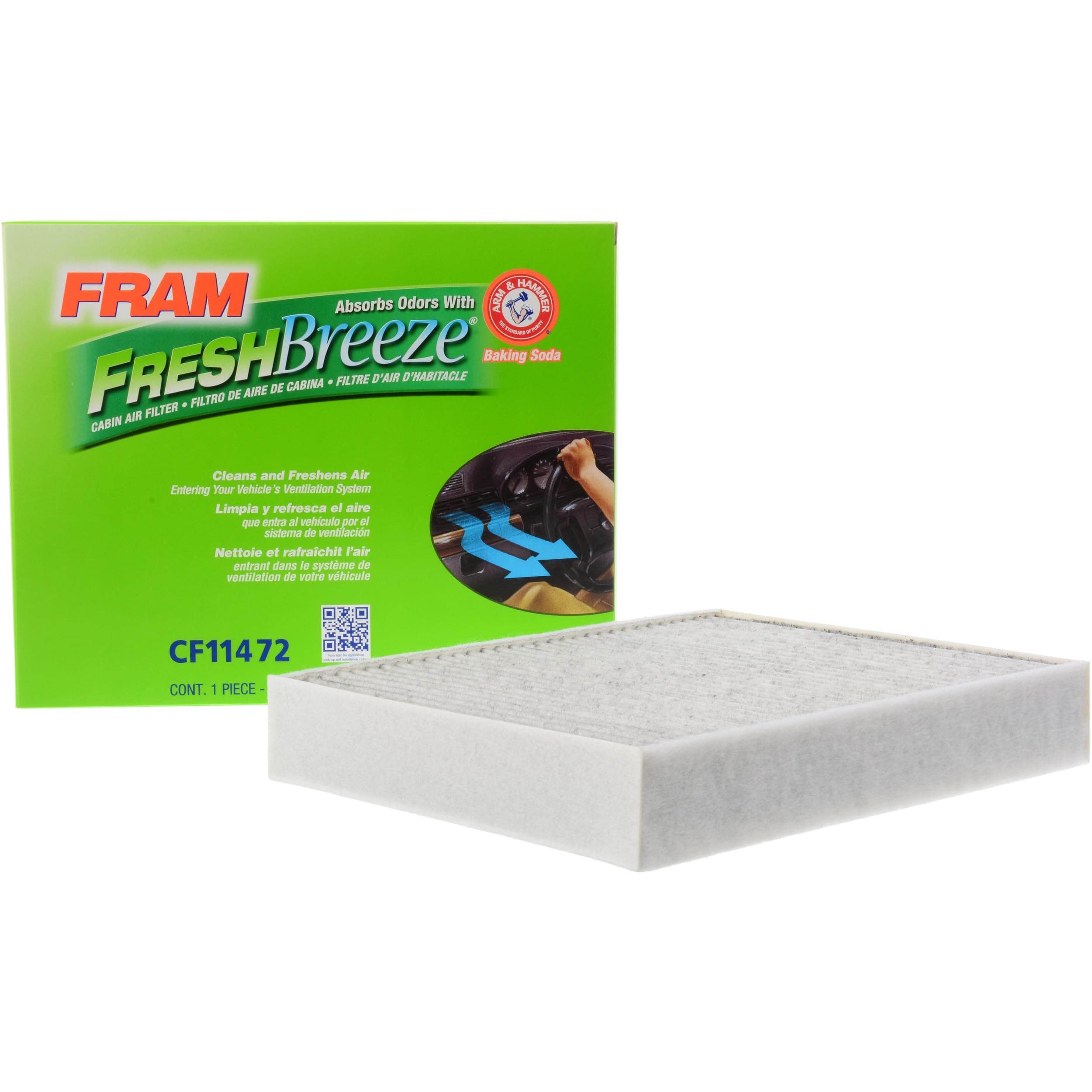 FRAM Fresh Breeze Cabin Air Filter Replacement for Car Passenger Compartment w/Arm and Hammer Baking Soda, Easy Install, CF11472 for Select BMW Vehicles , white