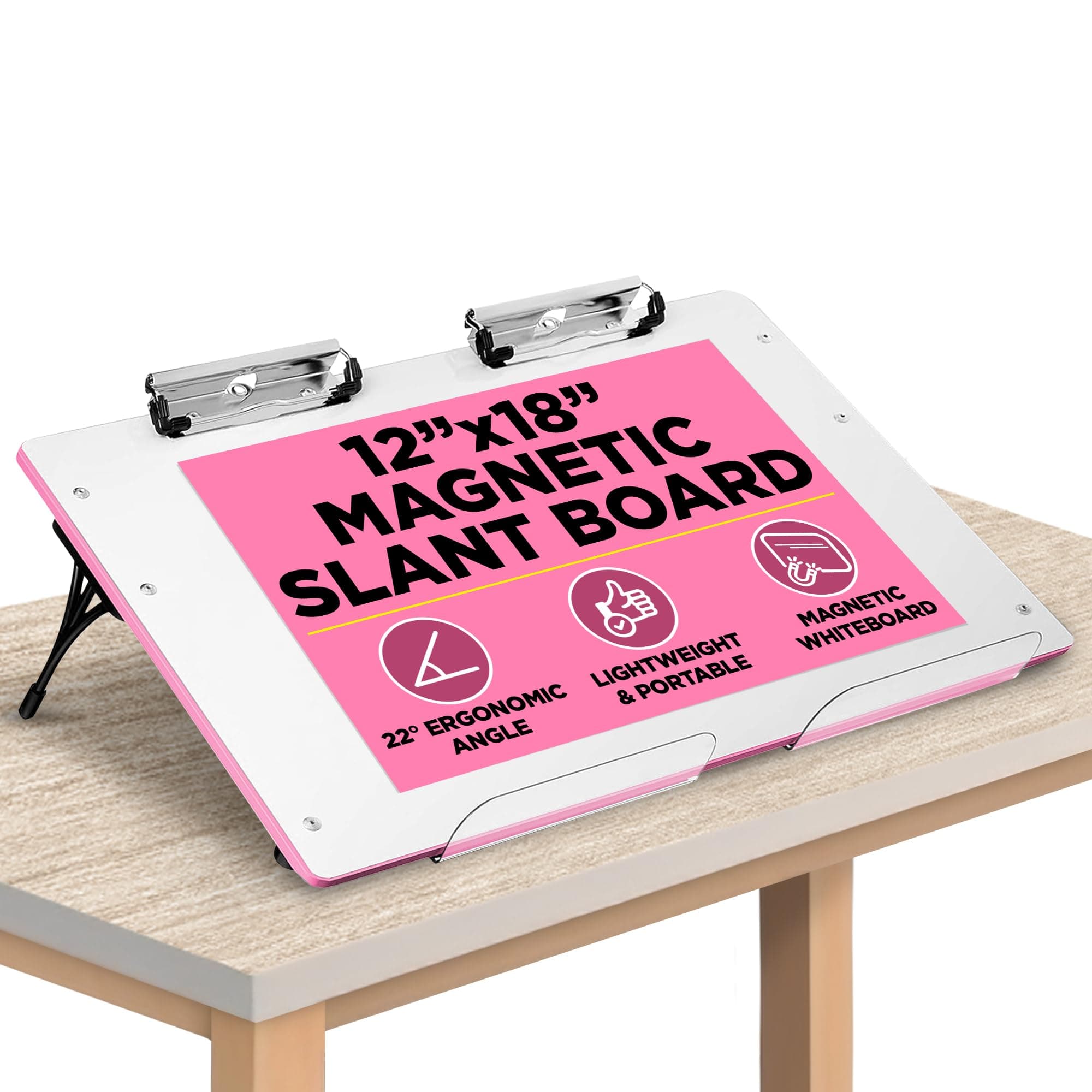 (Pink), A Sloped Work Surface for Reading, Writing, Art and Speech for Optimal Leaning -Portable Desktop Magnetic Dry Erase Whiteboard with Paper Clips and Book Catch