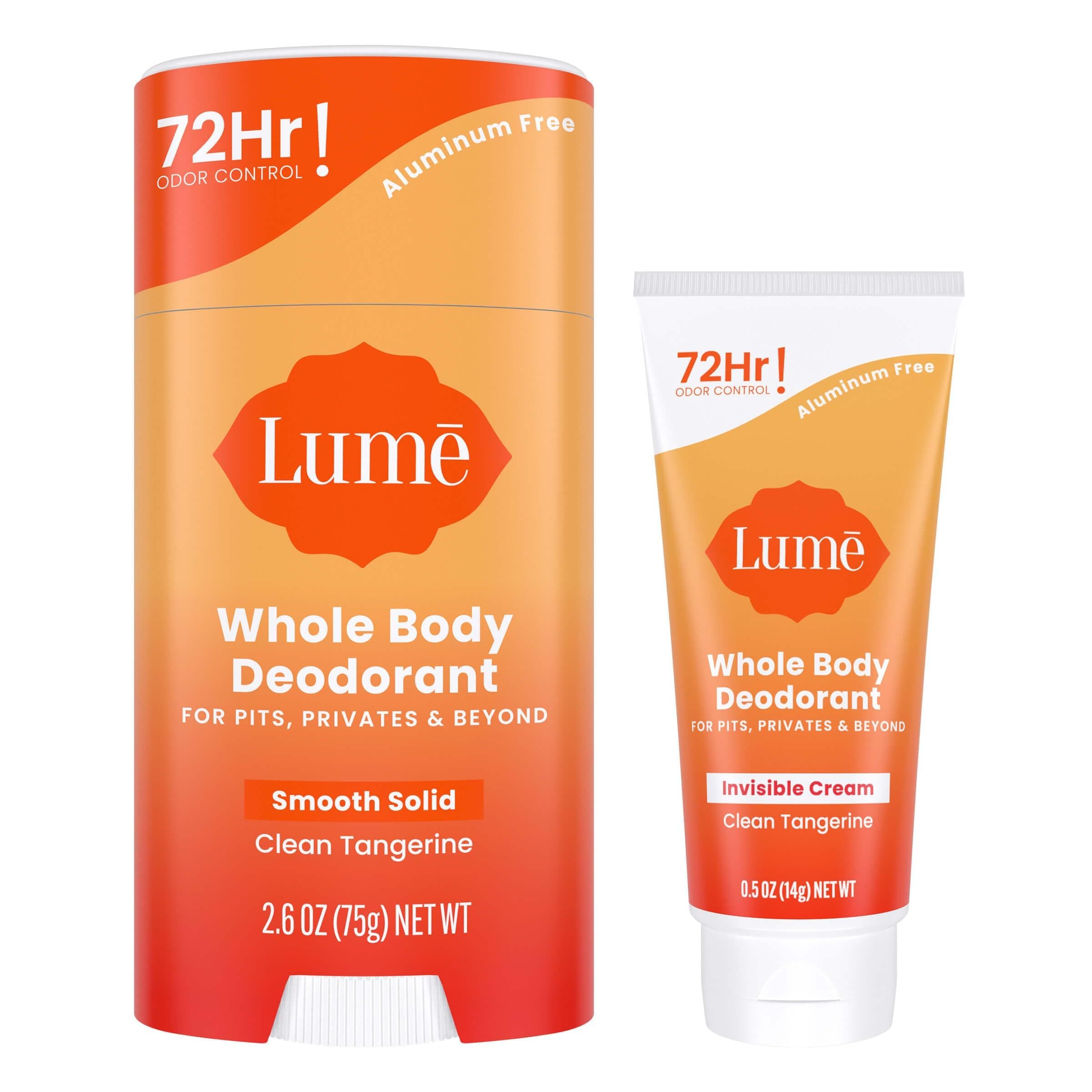 Lume Whole Body Deodorant - Invisible Cream Tube Mini + Solid Stick Bundle - 72 Hour Odor Control - Aluminum & Baking Soda Free, Skin Loving (Clean Tangerine)
