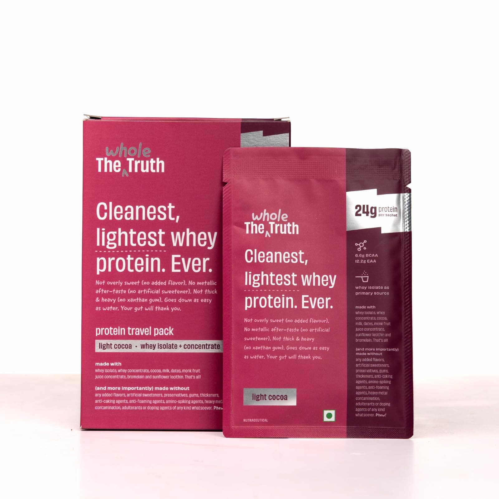 The Whole Truth Whey Protein Isolate+Concentrate | Light Cocoa 210g (Pack of 6) | 24g Protein/Sachet 6.6g BCAA | 100% Authentic & No Adulteration | Clean, Light & Easy to Digest | Sample & Travel Pac