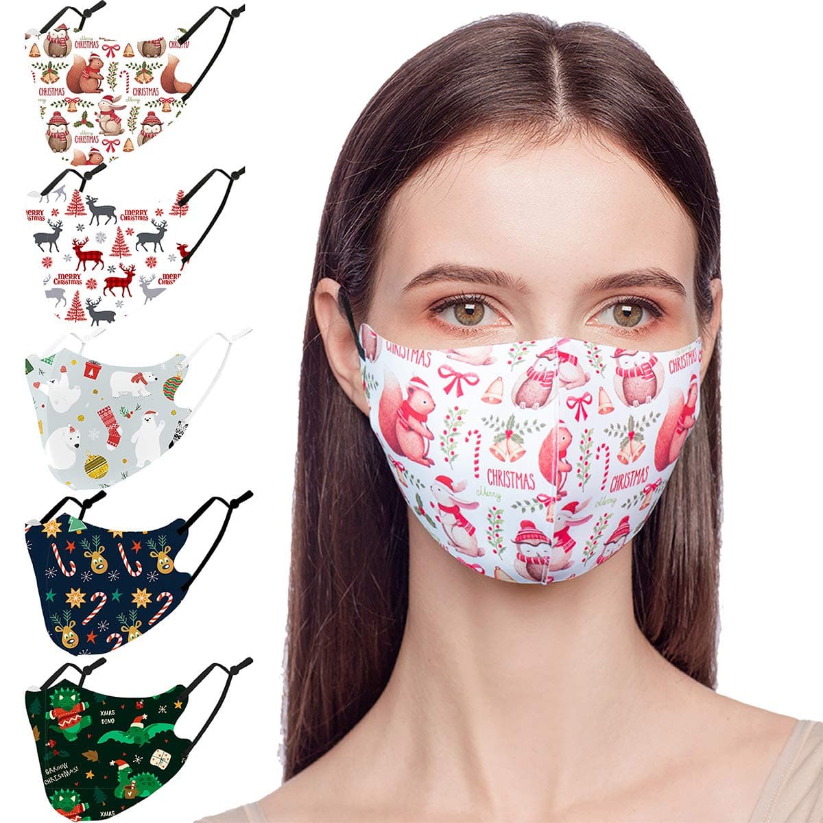 5PCS Adjustable Face Balaclavas, Reusable Cute Christmas Printed Pattern Cartoon Breathable Face Covering for Women,Men,Kids