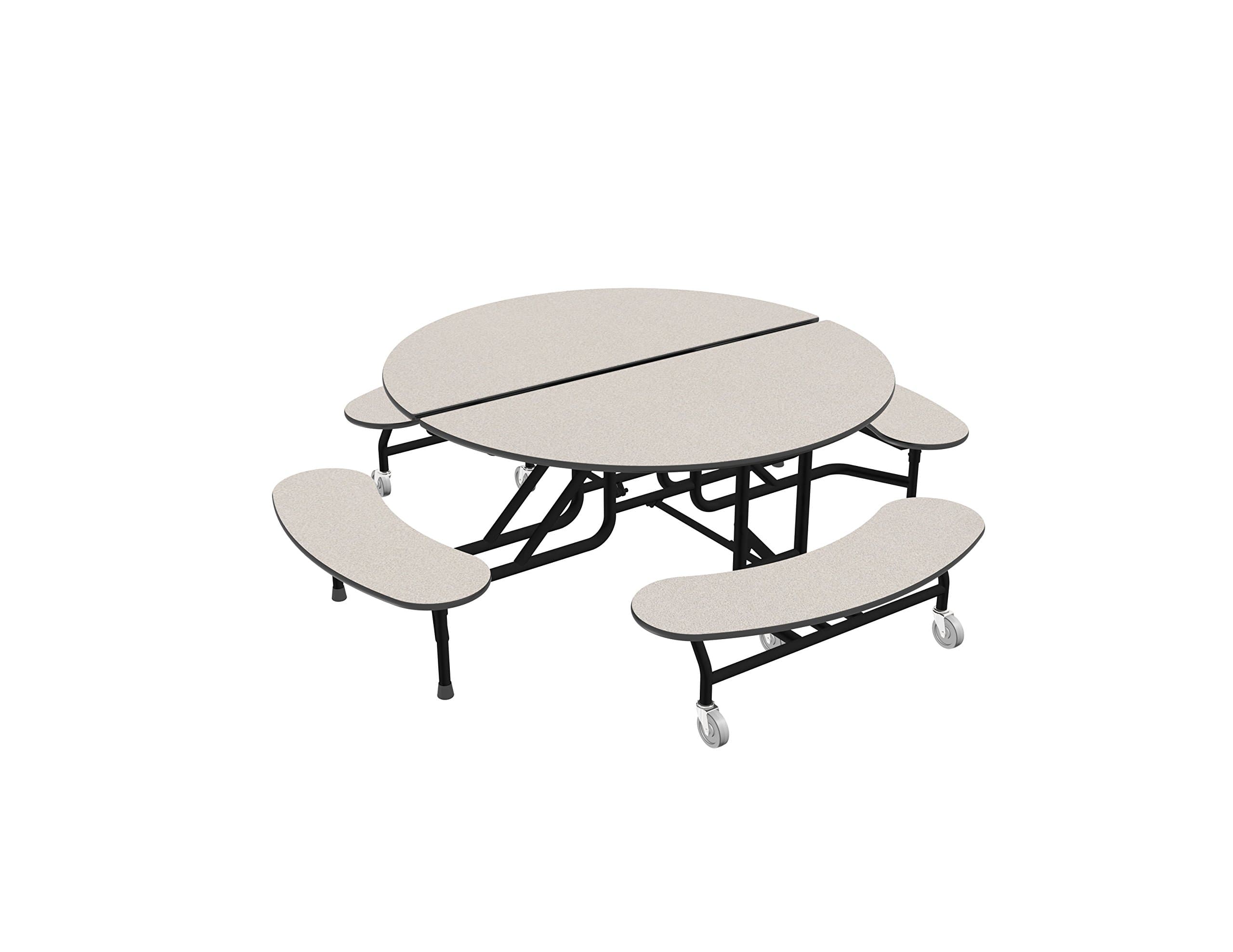 Palmer Hamilton 59T Easy Folding 60" Round Mobile School Table, 29"H, 4 Benches, White/Black, Cafeteria, Breakroom Table