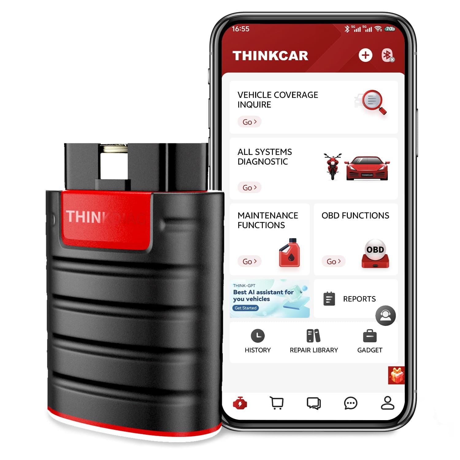 Thinkdiag OBD2 Scanner Bluetooth, All System Bidirectional scan Tool OE Level Diagnostic Tools with ECU Coding,15+ Service Functions All Software 1 Year Free fits for iPhone & Android