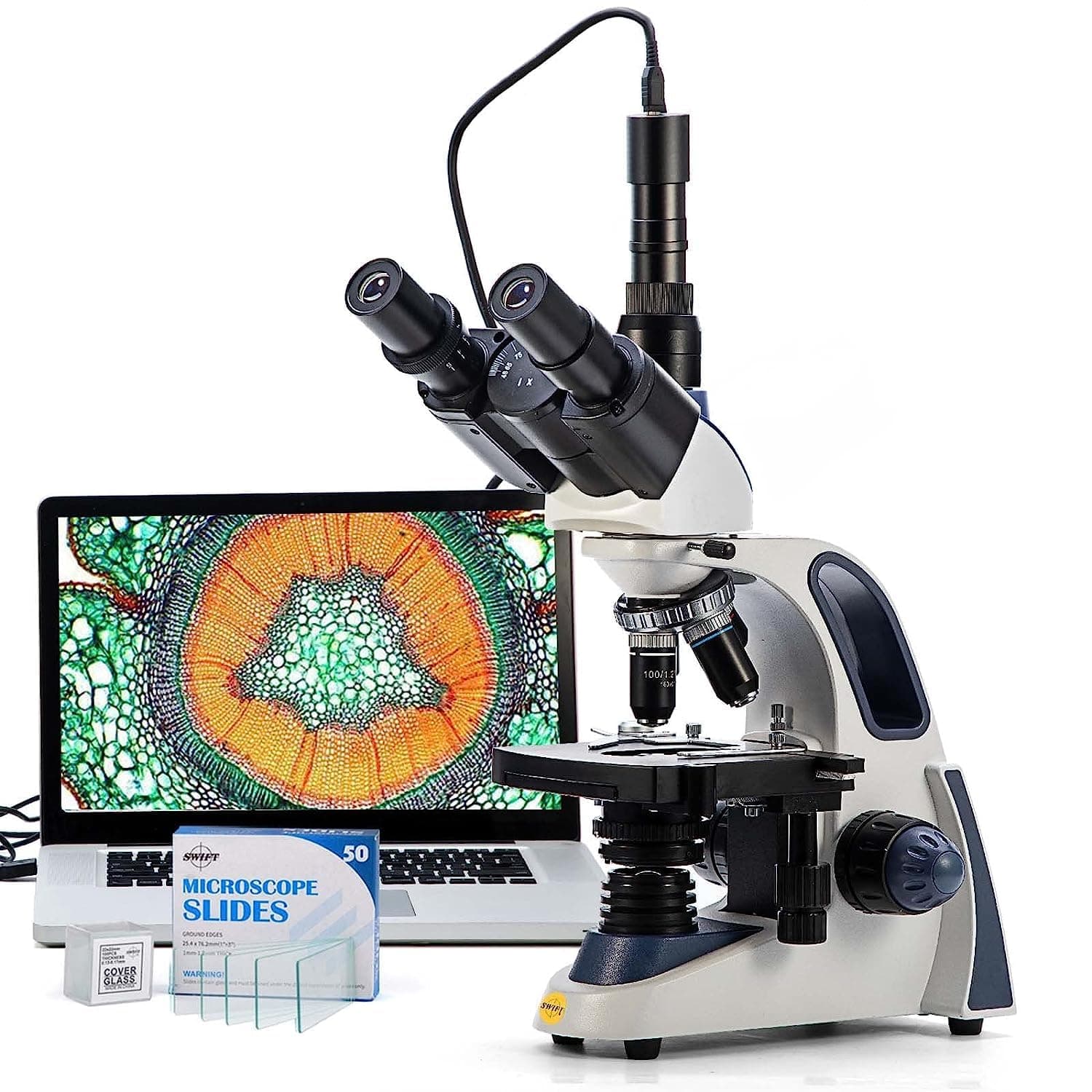 SW380T Compound Trinocular Microscope, 40X-2500X Magnification, Two-Layer Mechanical Stage, 5.0MP Camera and Windows/Mac Compatible Software and 100 Pieces Blank Slides