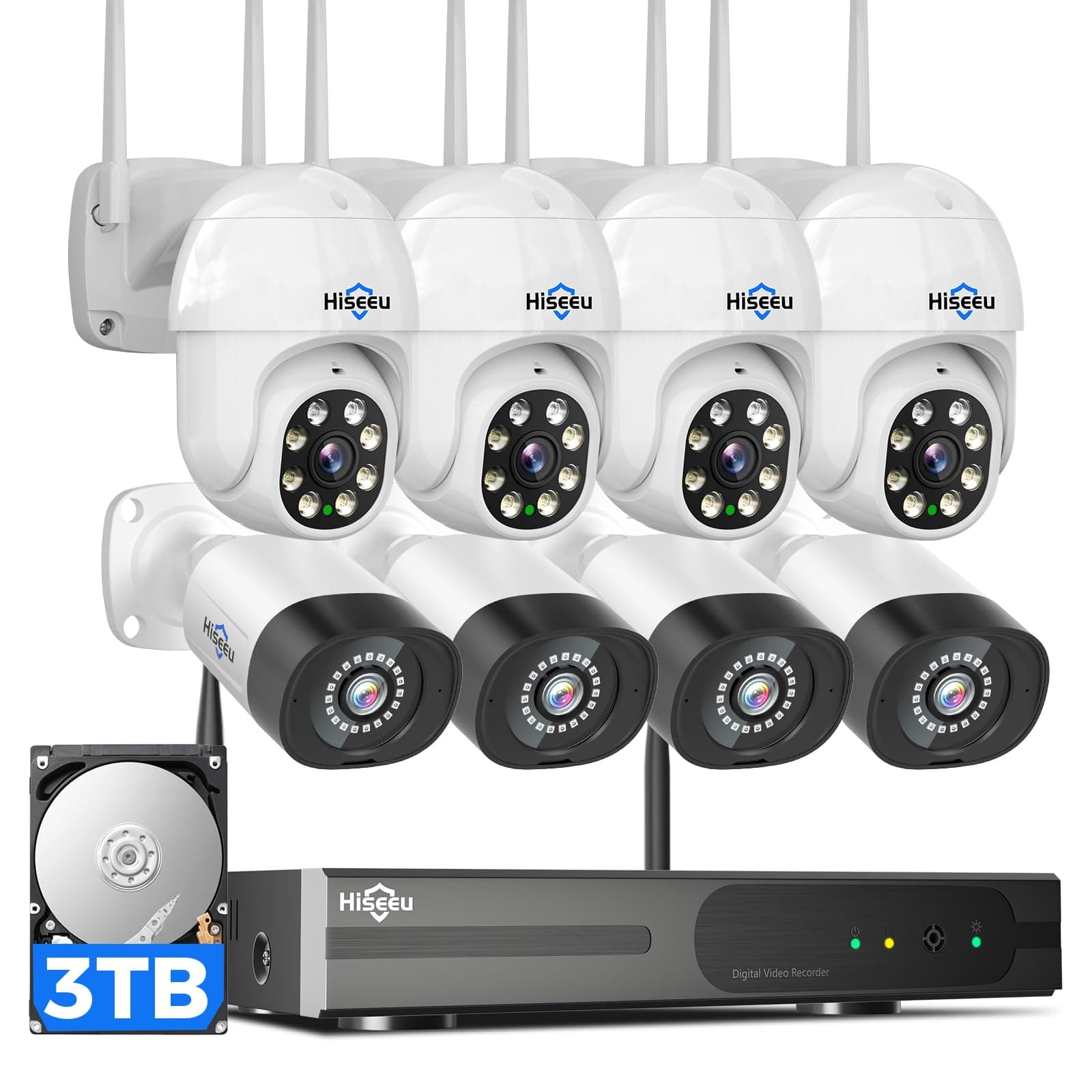 Hiseeu Wireless Security Camera System [Wifi Pro] 5MP PTZ & Bullet Bundle 8 Outdoor Cameras IP66 Waterproof Motion Alert Wide Angle with Surveillance NVR Kit