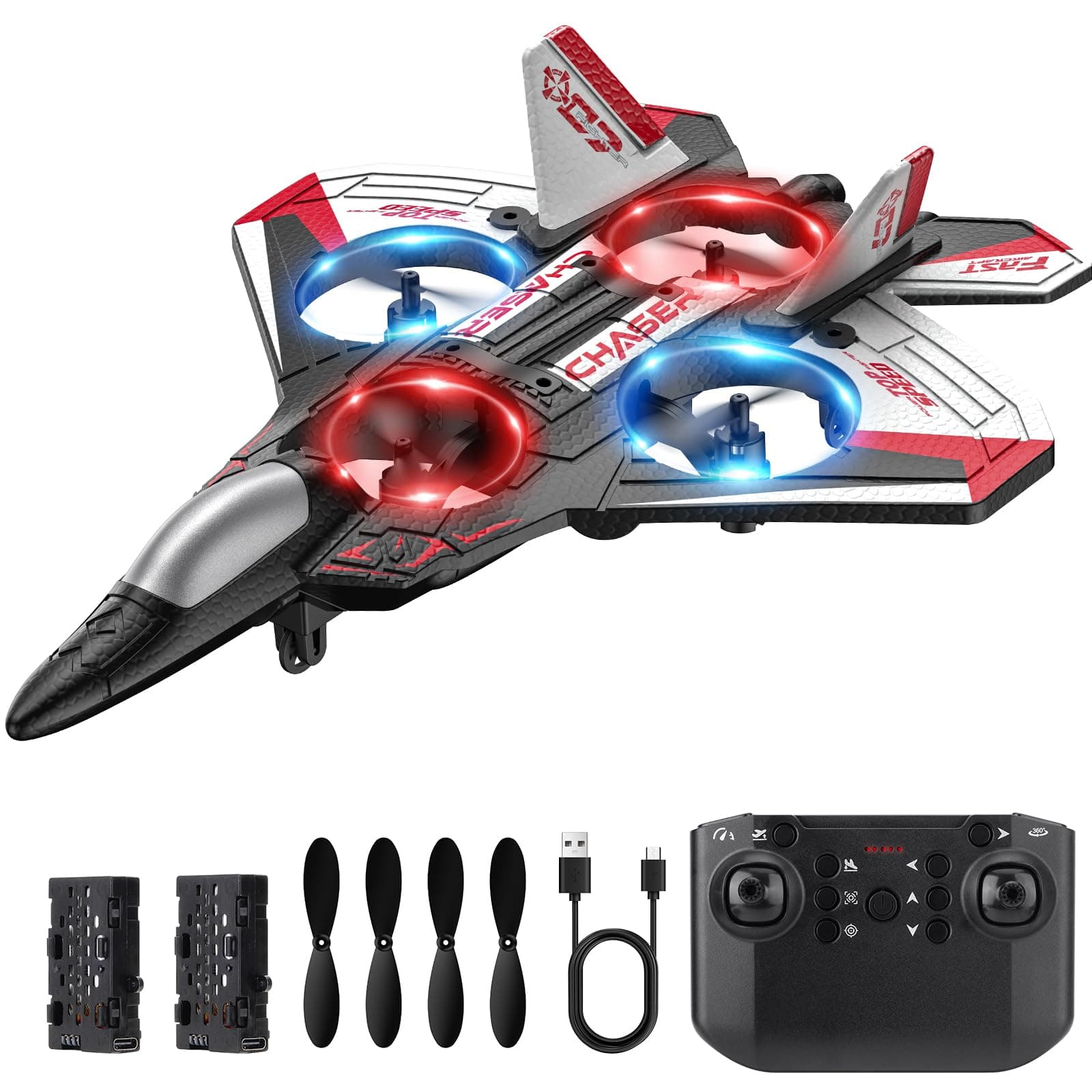 RC Plane, Foam Remote Control Airplane, Drone for Kids, RC Aircraft for Boys and Girls, Fighter Jet Helicopter with LED Lights, Altitude Hold, 360° Flip Stunt Rotation, Speed Adjust Flying Toy