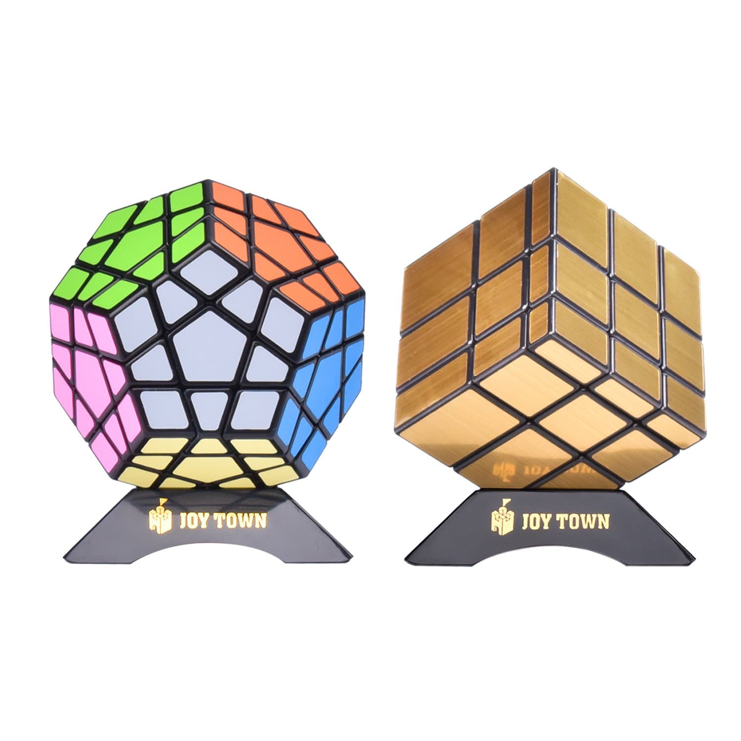 JOY TOWN Bundle Pack Speed Cube Set of 2 Megaminx Speedcubing, Gold Mirror Cube Twisty Puzzle, with Bonus Stands and Screwdriver Black