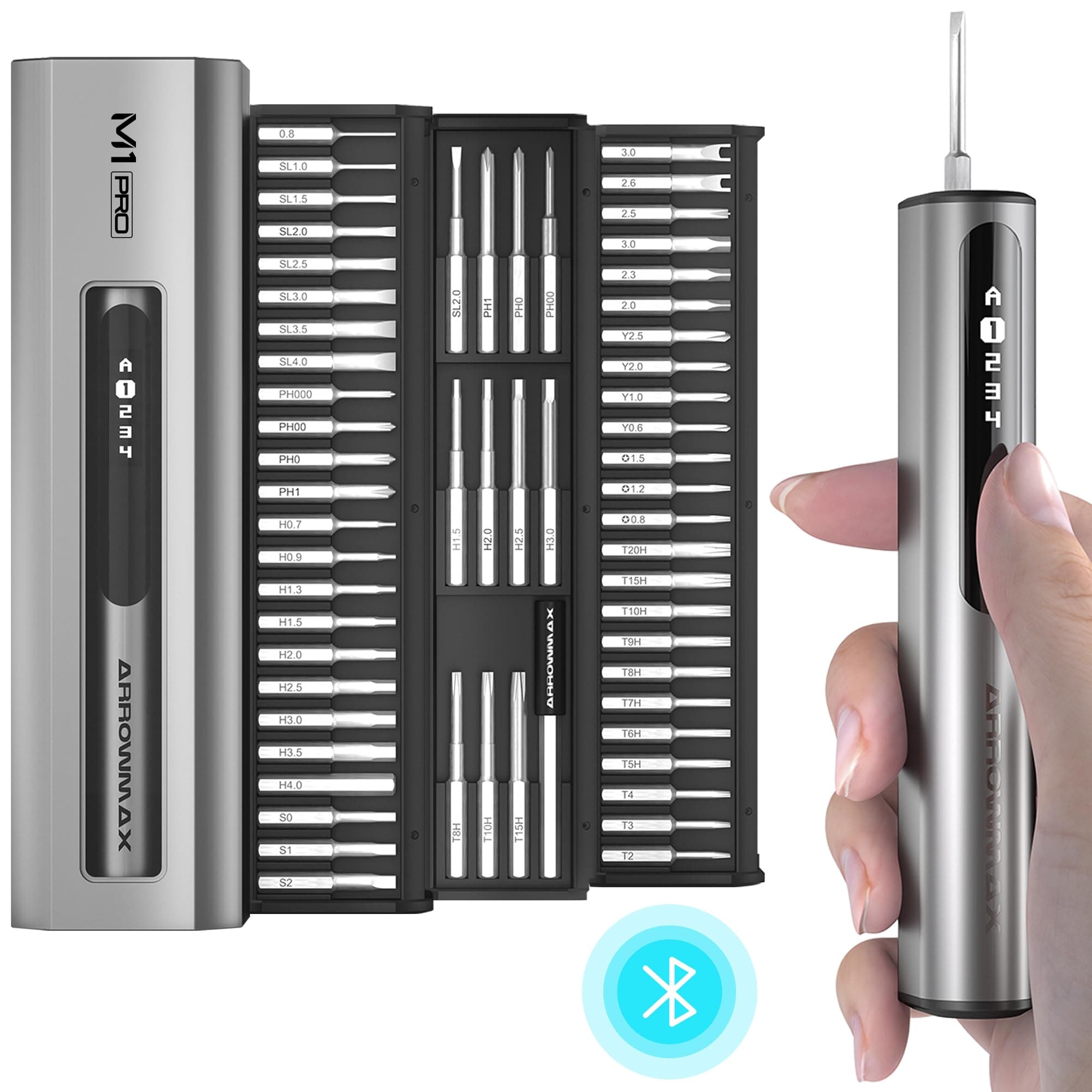 ARROWMAX 7.4V Mini Electric Screwdriver, Precision Electric Screwdriver, 60-in-1 Magnetic Bits, Smart Motion Control, Max 3 N.m, 5 Torque Modes, Repair Tool Set for Phone Camera Laptop Watch (M1 PRO)