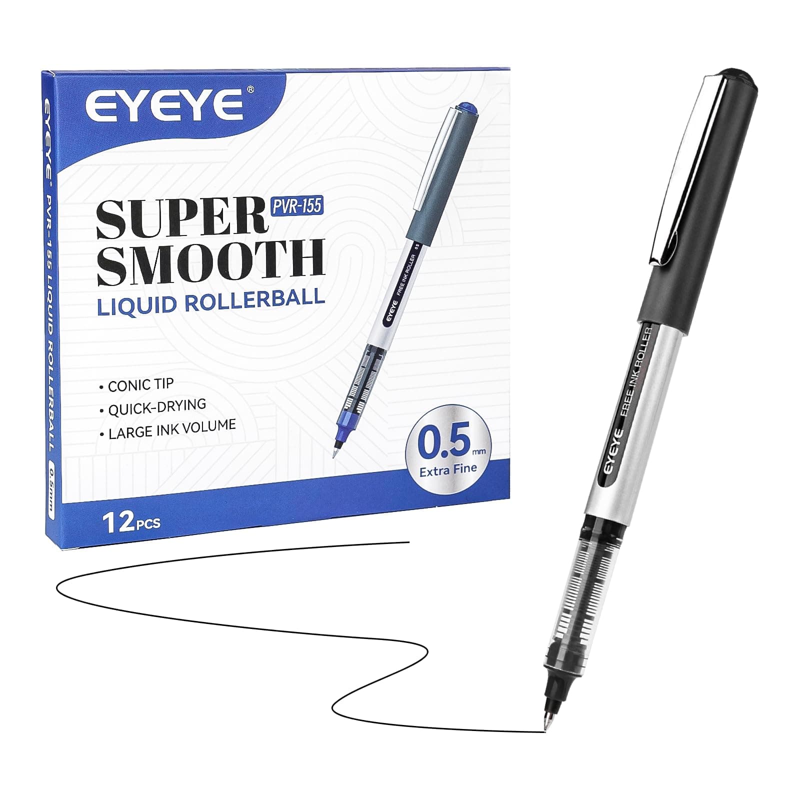 EYEYE 0.5mm Black Pens 12 Pack, Extra Fine Point Rollerball Pen Quick Dry, Liquid Ink Pens Fine Point Smooth Writing Pen for Journaling, Note Taking, Office, School Supplies