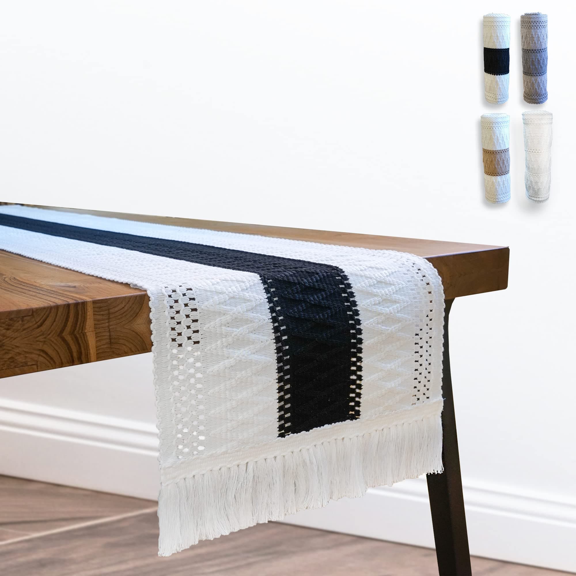 Blue Swan Table Runners 108 inches Long Coffee Table Runner, Woven Boho Table Runner for Dinning Table Decor, Macrame Table Runner for Farmhouse Table Decor, (Off-White/Black, 12.5 x 108 inch)