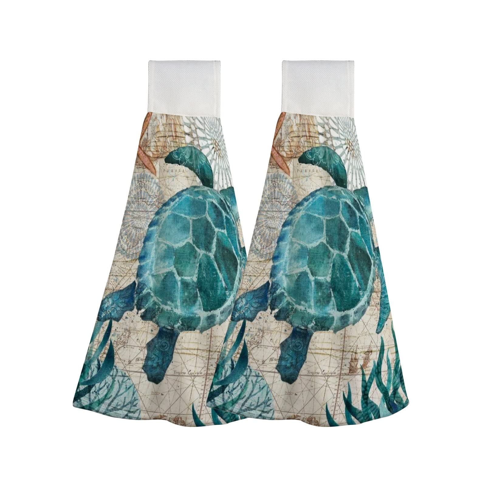 Hand Towels for Bathroom Kitchen - Hanging Kitchen Towels with Loop 2 Pack Ocean Sea Turtle Highly Absorbent Soft Cloth Tie Towels for Laundry Room Decor