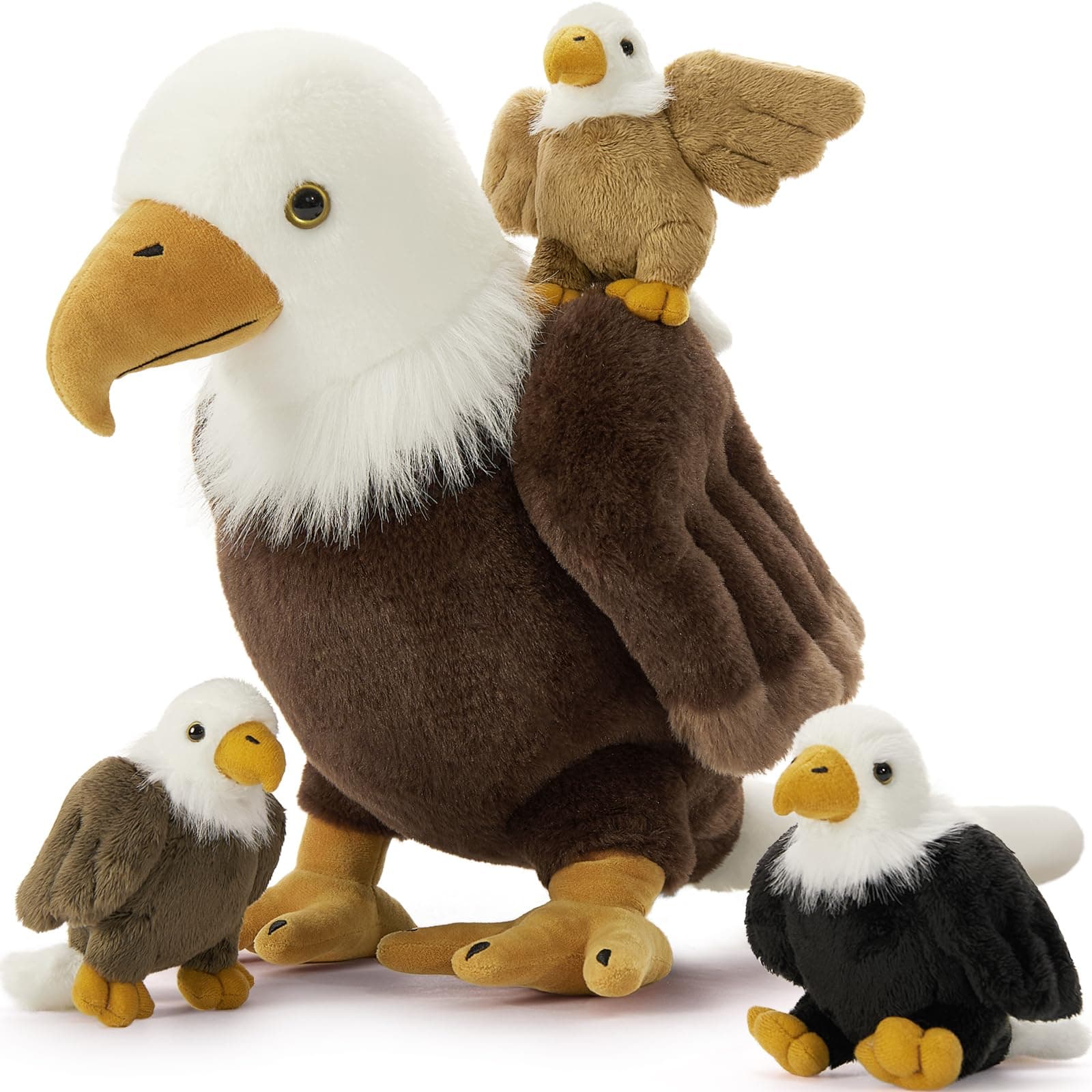 4Pcs Bald Eagle Stuffed Animal, 18 Inch Mommy Eagle Plush with 3 Baby Chicks, Stuffed Bald Eagle Plushie Toy Gifts for Kids