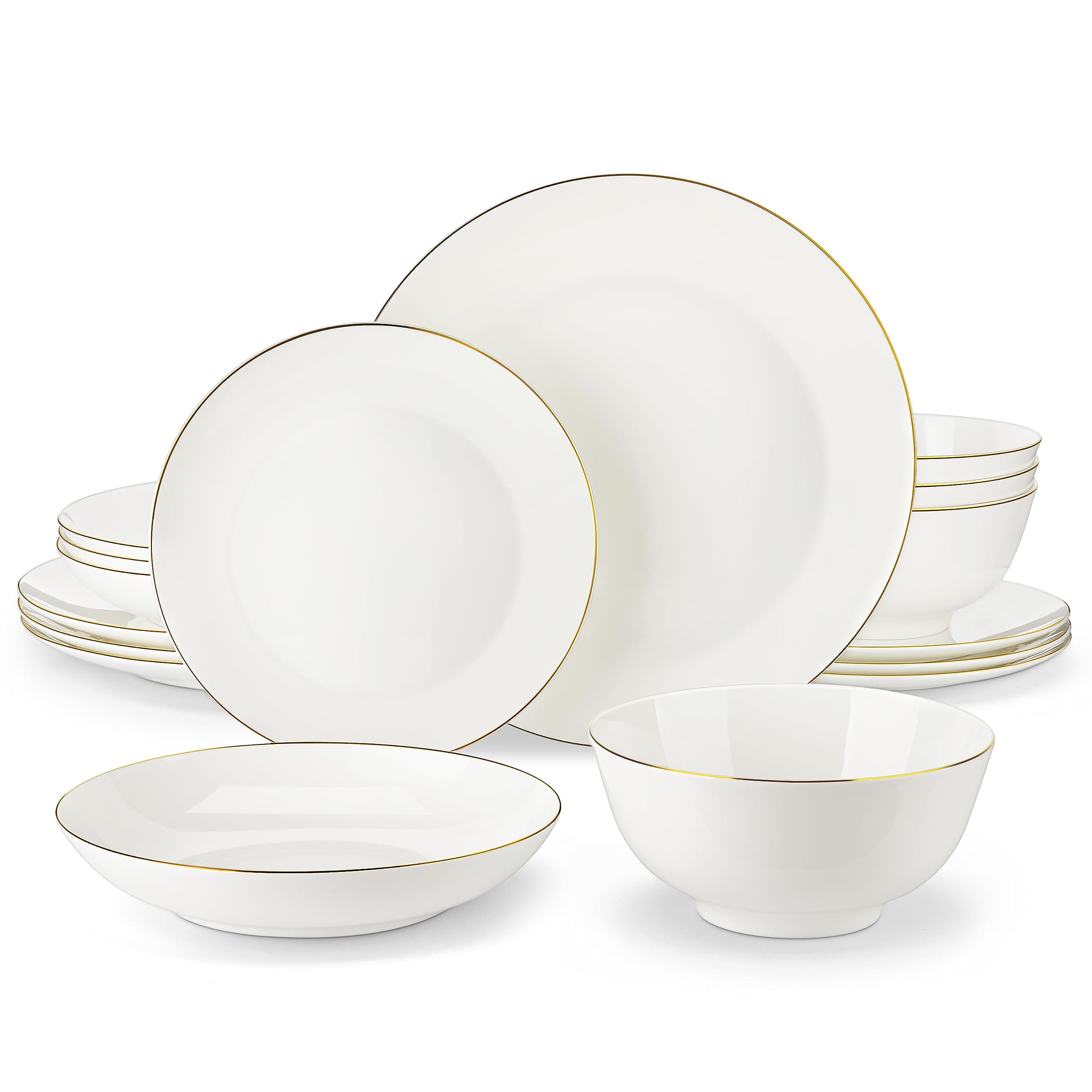 Dinner Sets for 4, 16 Piece Fine Bone China Plates and Bowls Sets Round White and Gold Rim Dinnerware Sets with Dinner Plates/Bowls/Dessert Plate/Soup Plate, Series NORI