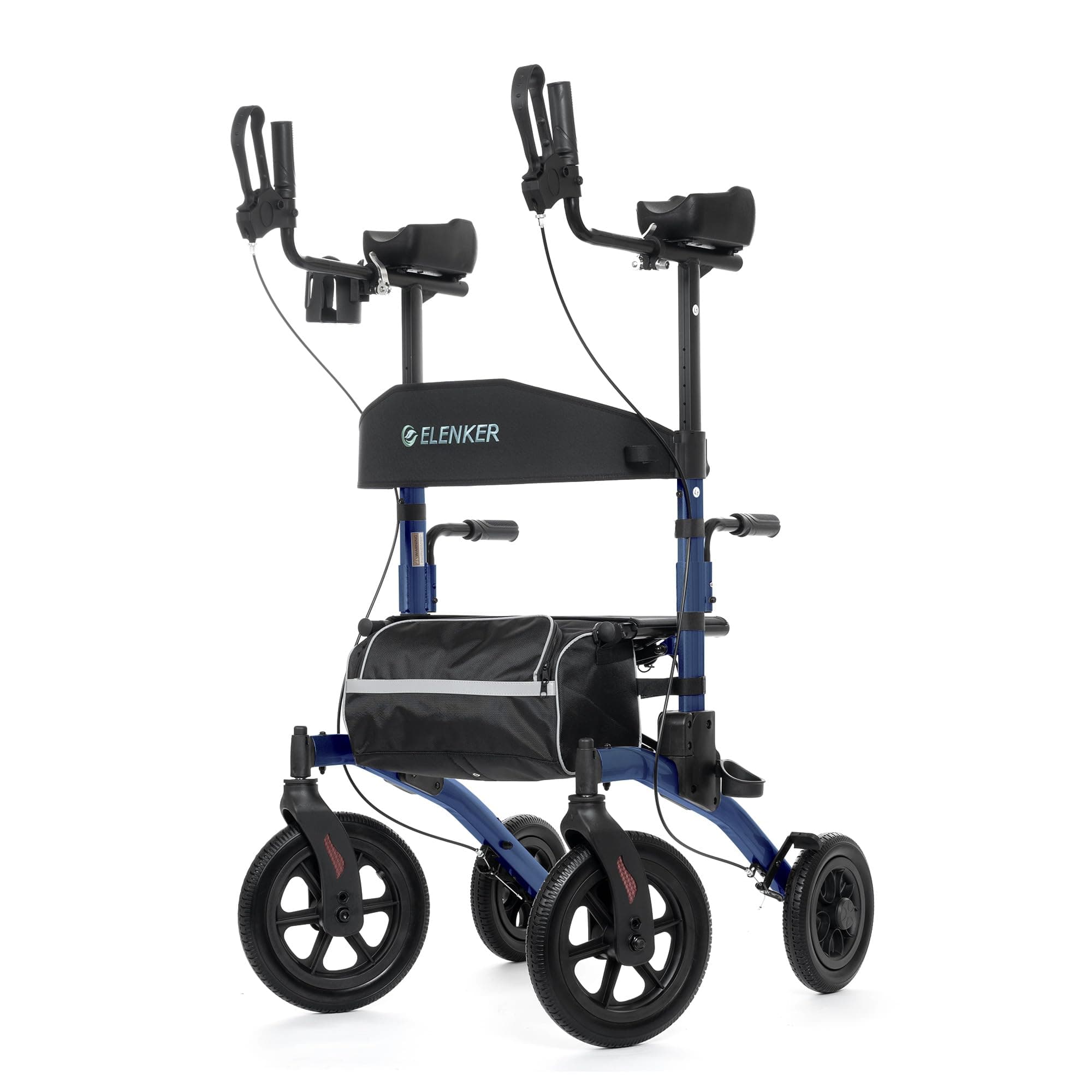 ELENKER All-Terrain Upright Rollator Walker, Stand up Rolling Walker with Seat, 12” Non-Pneumatic Tire Wheels, Compact Folding Design for Seniors, Blue