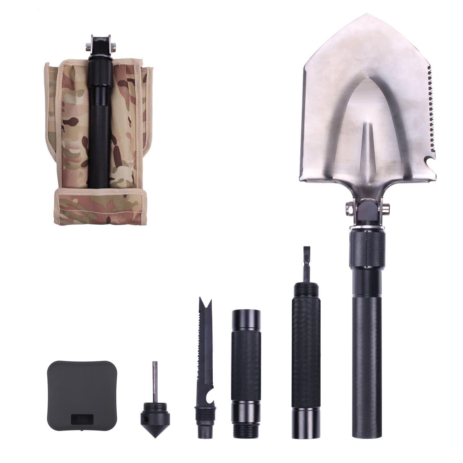 ID PRO Military Shovel Multi-Function Folding Shovel Gardening Snow Shovel with Power Bank for Camping, Backpacking, Outdoor Hiking, Automobile, Garden, Heavy Duty Emergency Survival Gear (Black)