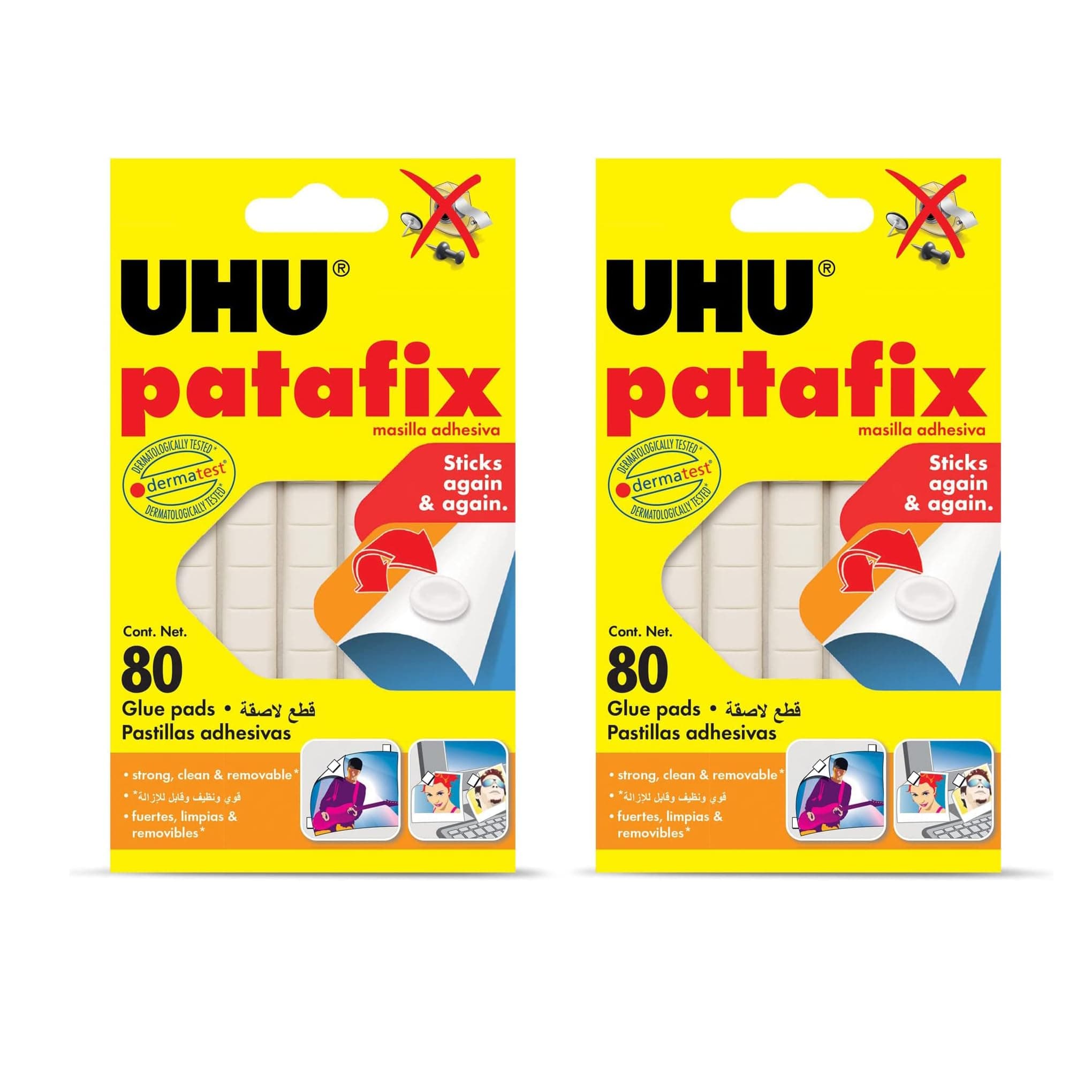 UHU Patafix X 2 Offer Pack, Removable And REUsable Adhesive Pads, Repositionable And Precut Tack, 160 Pads, White, Assorted, 39125+44390