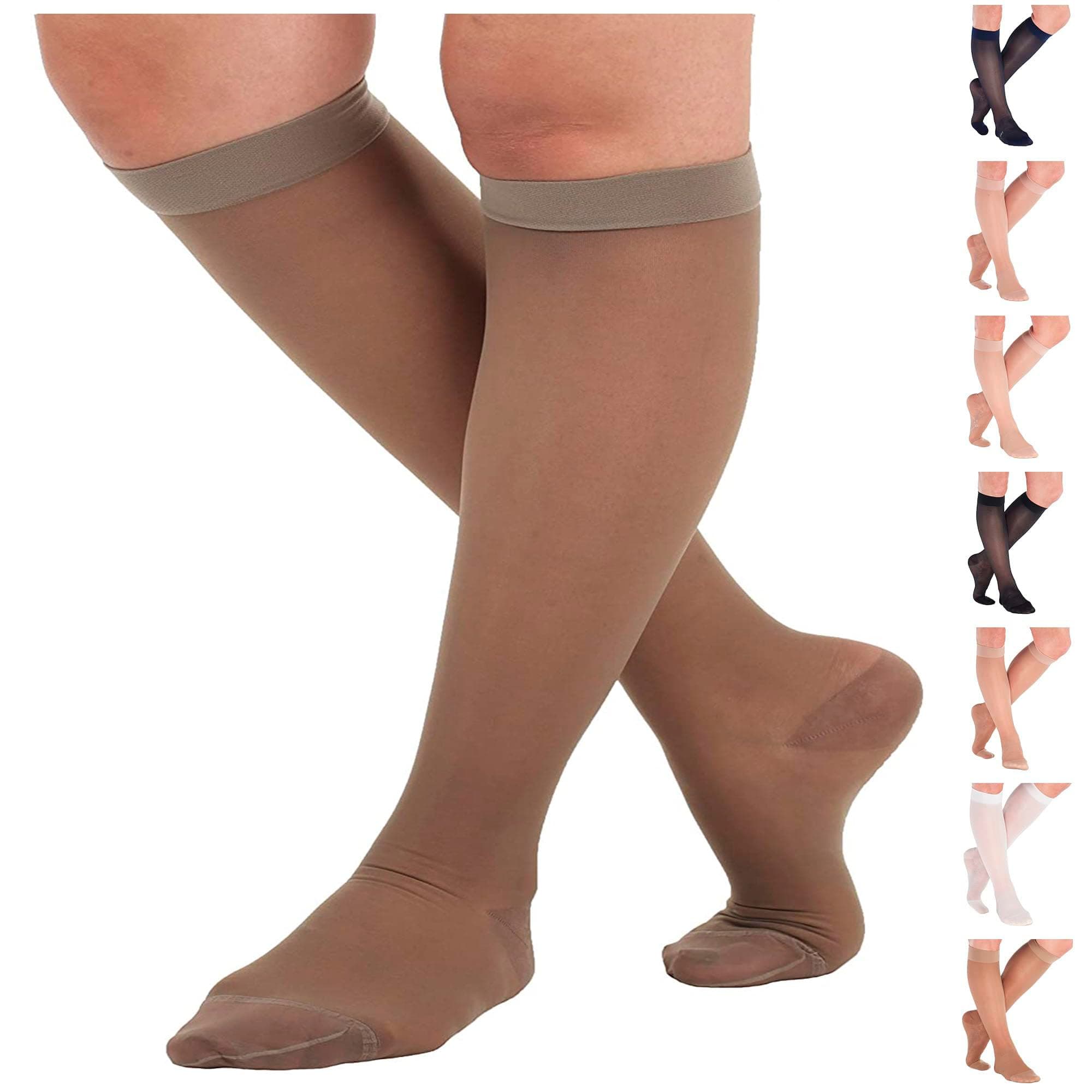 ABSOLUTE SUPPORT Made in USA - Sheer Graduated Support Opaque Compression Knee High Socks for Women 15-20mmHg | For Airplane, Flight, Travel Circulation - Taupe, Large - ATRAVEL101T3