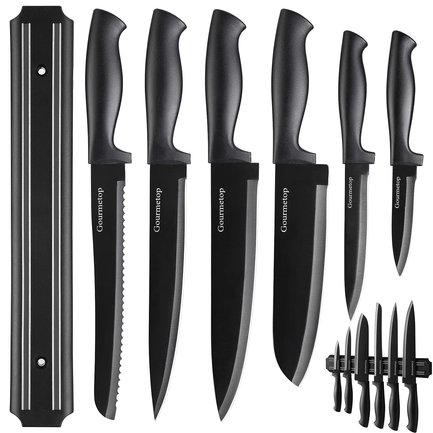 Gourmetop Kitchen Knife Set with No Drilling Magnetic Strip for Kitchen Black Titanium Small Cooking Knives, Sharp Stainless Steel Chef Knife Set for Cutting Meat & Vegetable