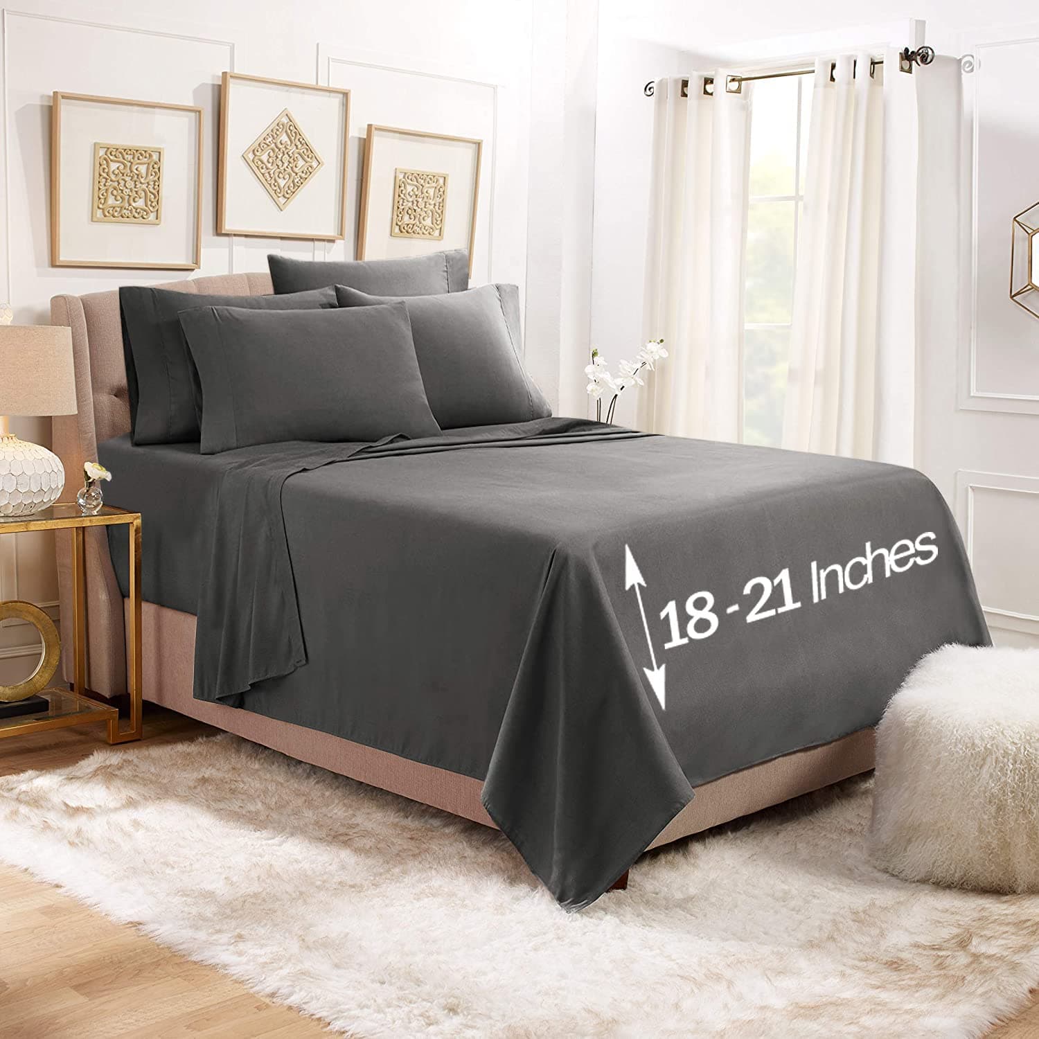 Empyrean Extra Deep Pocket Fitted Sheet - 110 GSM Deep Pocket Bed Sheet Set – Soft Deep Pocket 6 Piece Set - 60 x 80 inches - Queen Size Sheets - Charcoal Gray