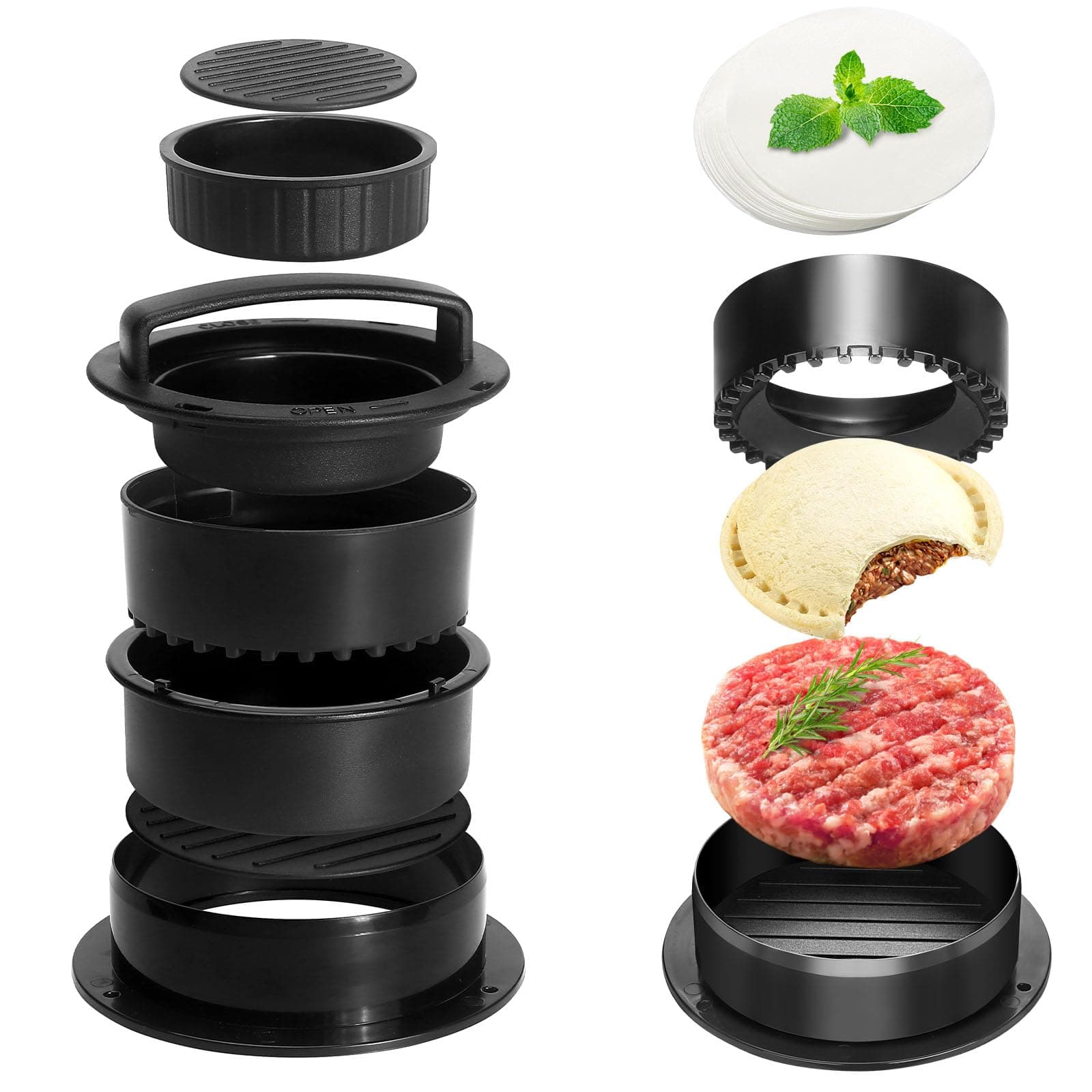 Hamburger Patty Maker, 4-in-1 Burger Press Patty Maker Slider, Stuffed Burgers & Sandwiches Cutter, Hamburger Patty Maker for Home Cooks and Burger Lovers with 100 pcs Wax Disc Papers