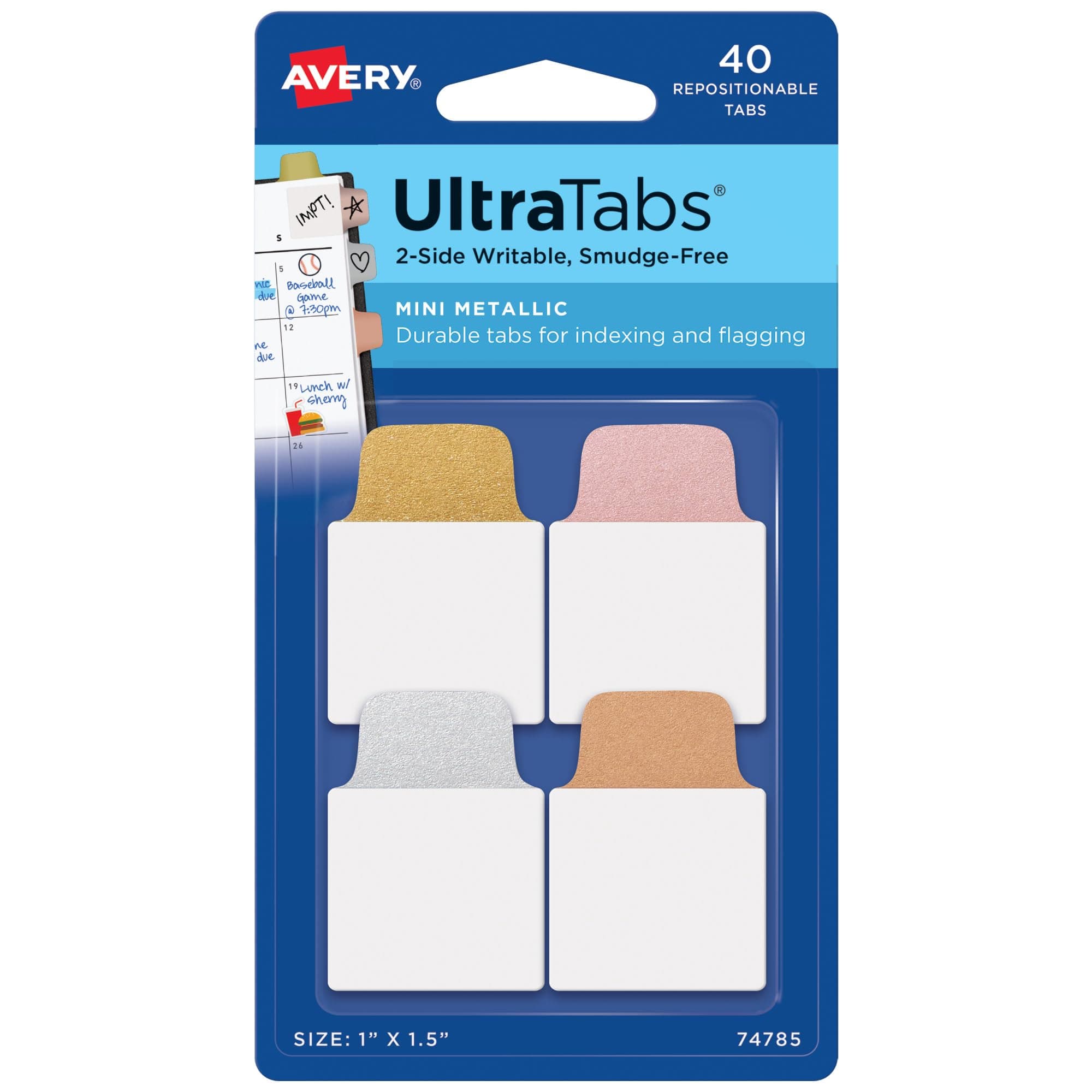 Avery Mini Ultra Tabs, 1" x 1.5", 2-Side Writable, Assorted Metallic Colors, 40 Repositionable Tabs (74785)