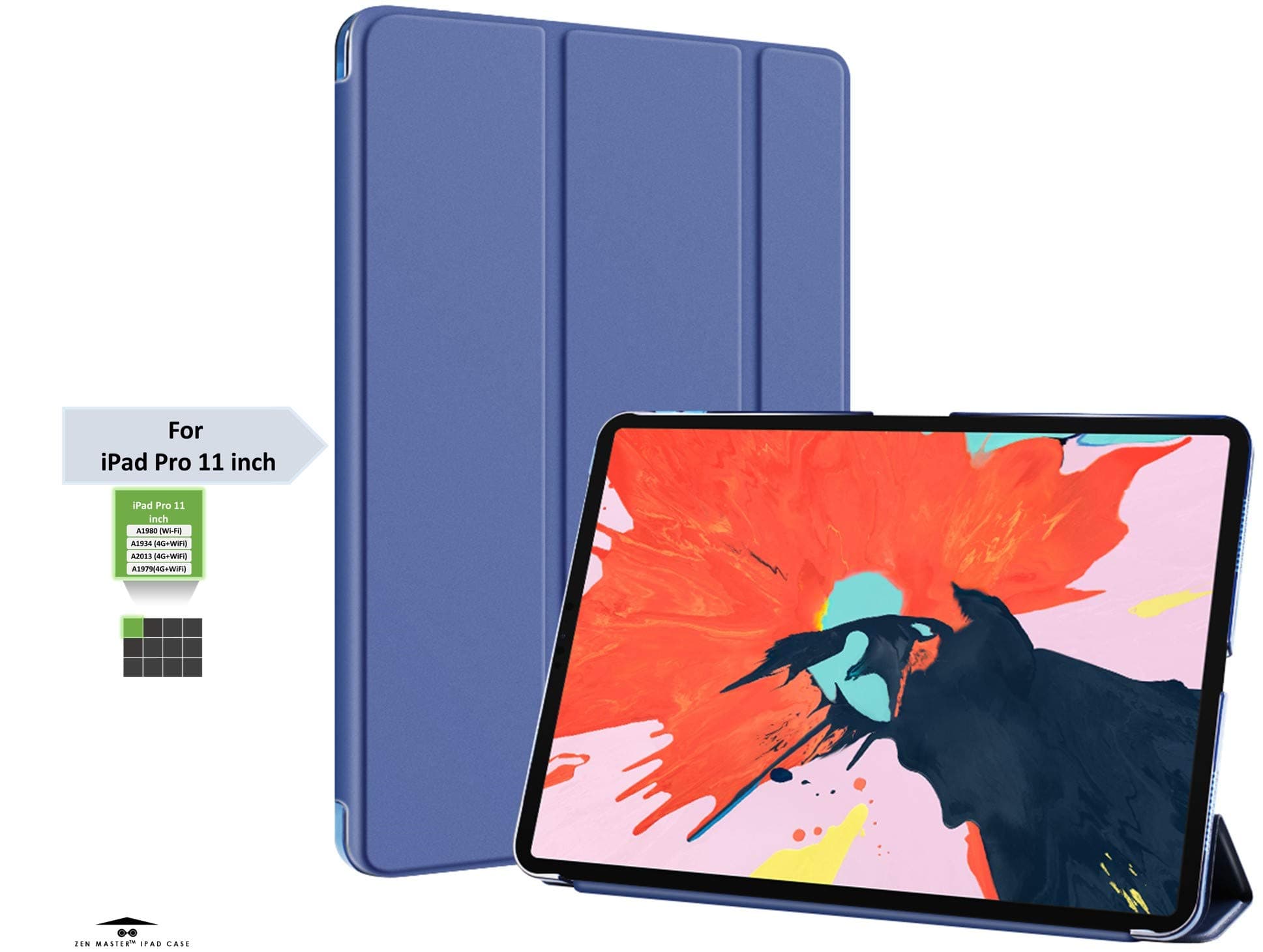 Zen Master PU Leather Trifold Case for Apple 11 inch iPad Pro 2018 A1980, A1934, A2013, A1979 with Auto Sleep/Wake (Navy)