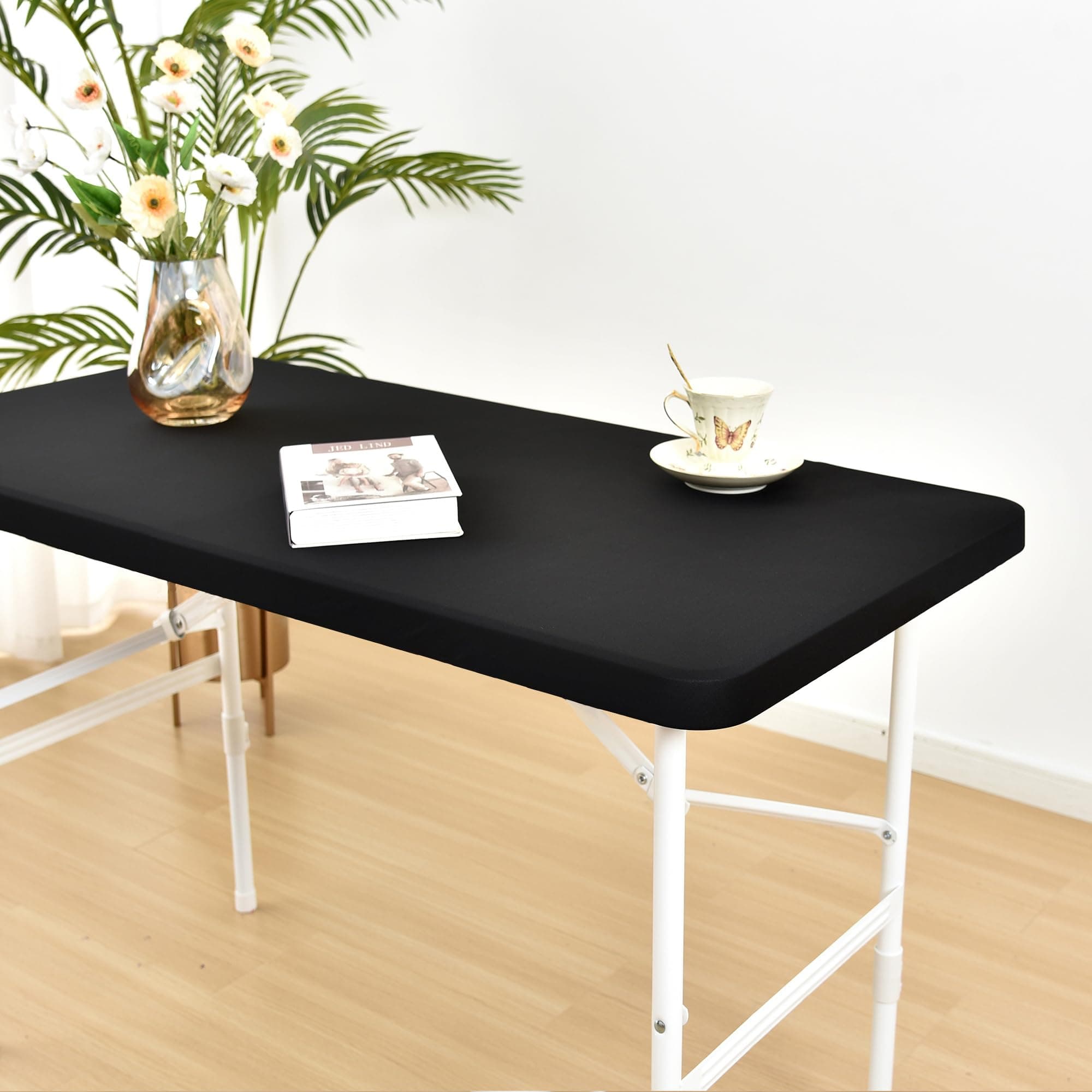 Fitted Elastic Tablecloths for 4ft Rectangle Tables, Spandex Stretch Folding Table Covers for Home Dining Picnic Party (Black, 24"x48")