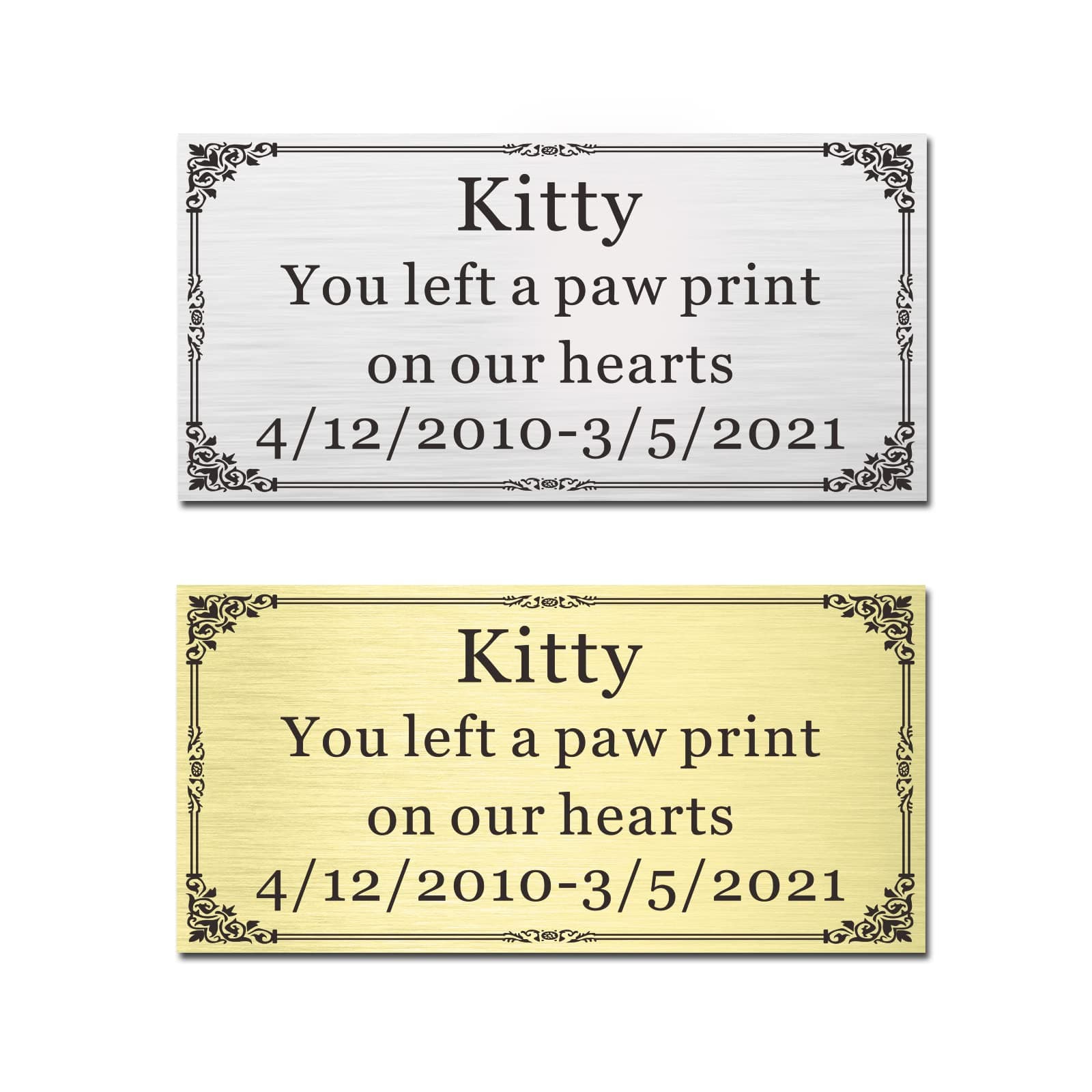 Size: 4"W x 2"H, Custom Elegant Engraved Plate, Personalized Brass or Stainless Steel Engraved Memorial Plate for Frame, Trophy, Flag Case, Urn, with Adhesive Backing or Screws, Square (Silver, Gold)