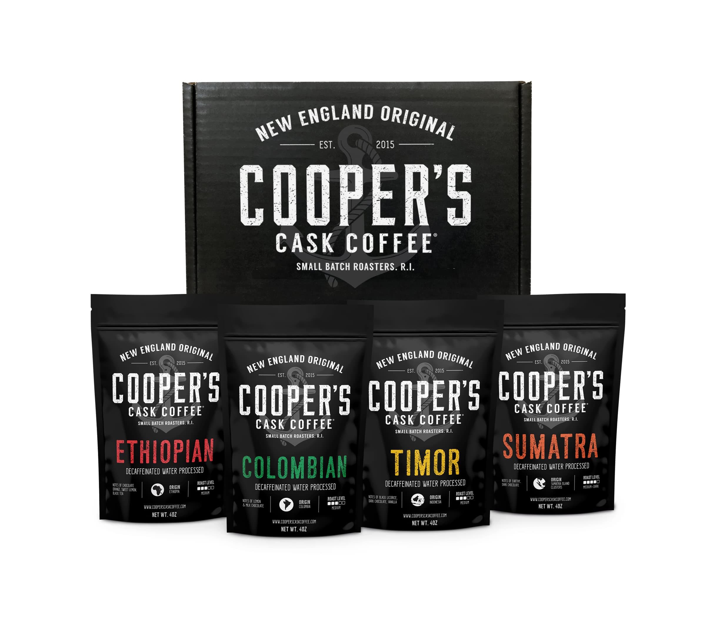 Decaffeinated Gourmet Sampler Gift Box Set | 4 bags | 1lb Total | Ethiopian, Colombian, Timor, Sumatra 1lb Total (Whole Bean (Decaf))