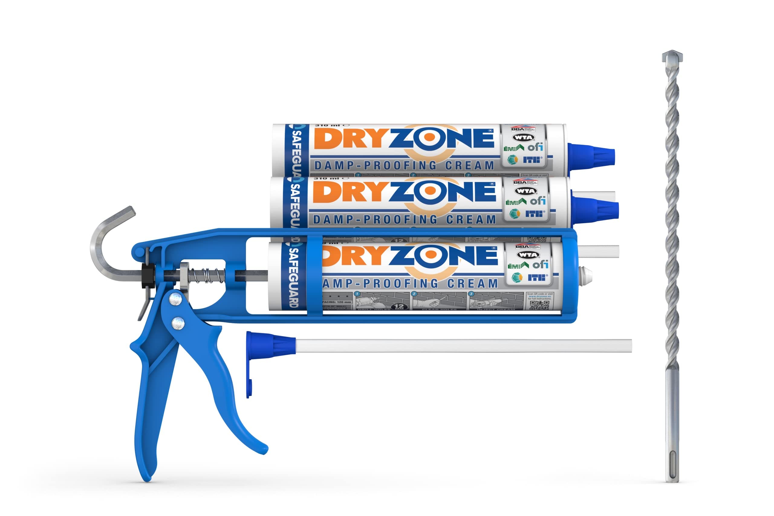 Dryzone Damp Proofing Kit: 3 x 310ml Damp Proofing Cream + Mastic Gun + Dryzone Drill Bit (Rising Damp Treatment)
