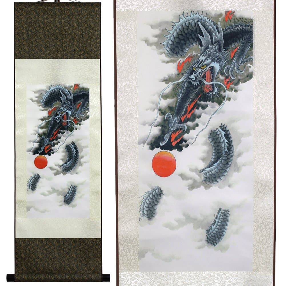 Sweethome Asian Silk Wall Scroll & Picture Scroll Calligraphy Hanging Artwork (Black Dragon)