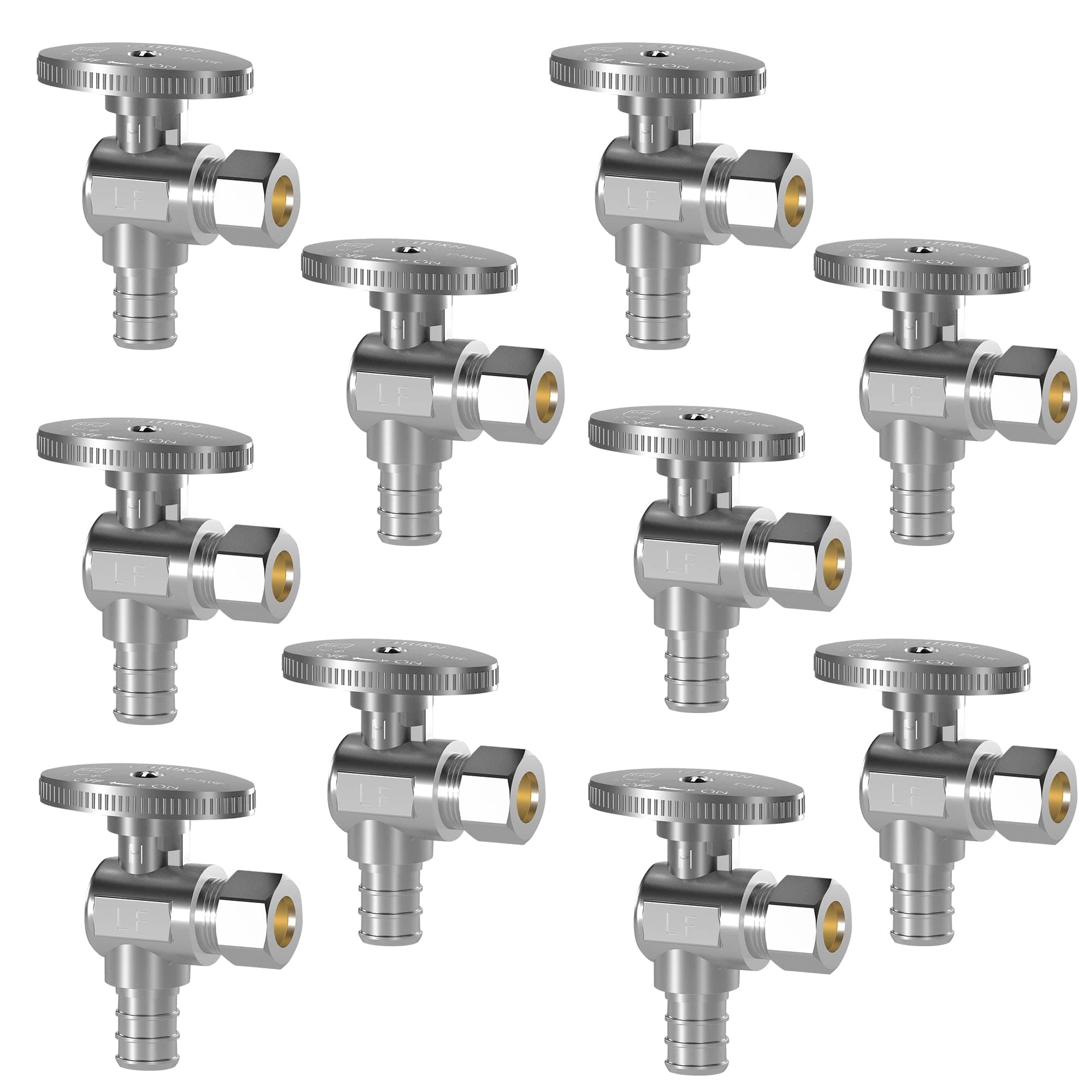 Hourleey 10 Pack Angle Stop Valve, Water Shut Off Valve 1/2" PEX x 3/8" OD Compression, Quarter Turn Chrome Plated Brass Valve
