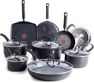 T-fal Ultimate Hard Anodized Nonstick Pots and Pans Set 14 Piece, Oven Broiler Safe 400F, Kitchen Cooking Set w/Fry Pans, Saucepans, Griddle, Dutch Oven, Dishwasher Safe, Cookware, Onyx