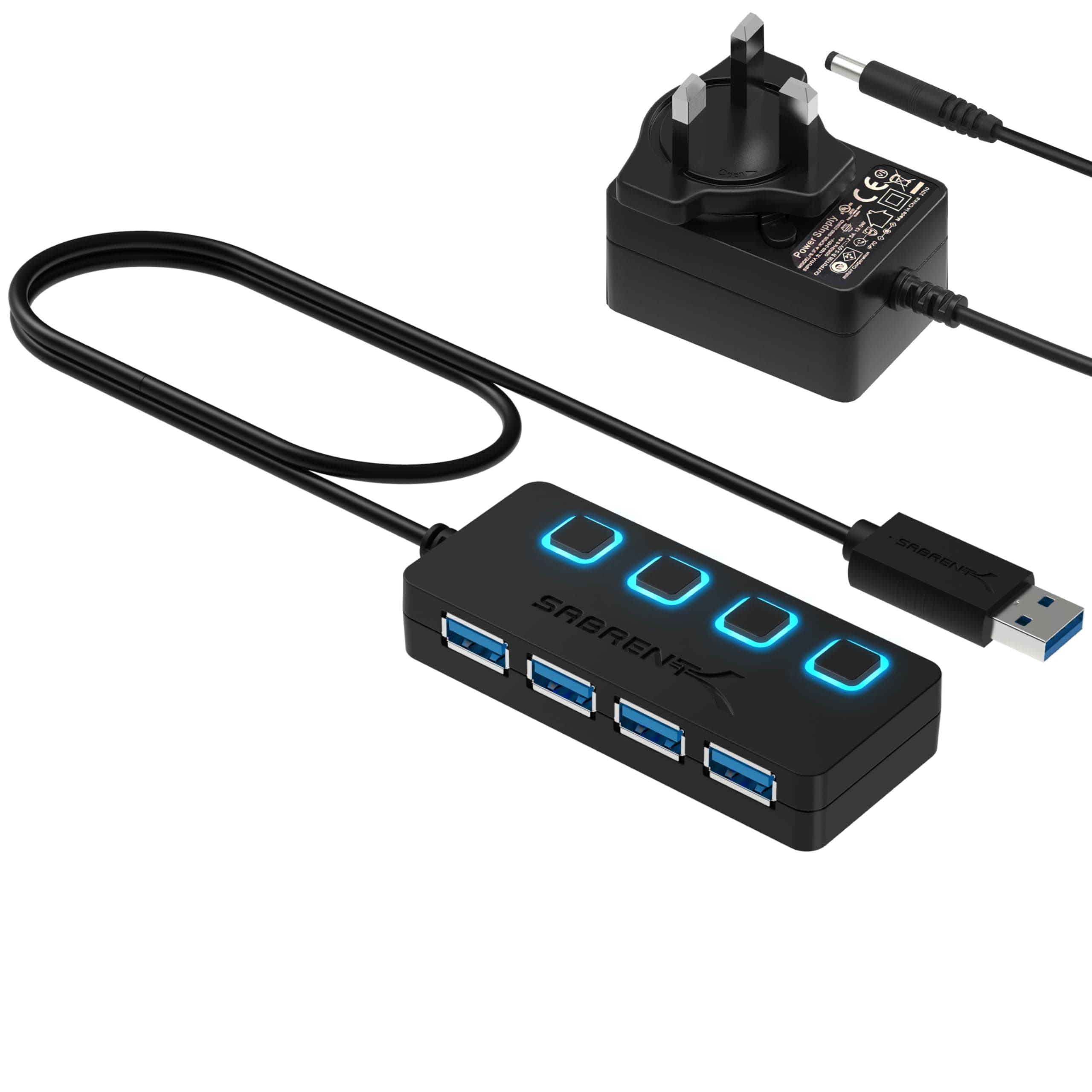 Powered USB Hub, 4 Port USB 3.2x1 5Gbps, USB 3 Splitter, On/Off Switch LED Indicators, 68cm (2ft) Cable for PC, Laptop, iMac, MacBook (HB-UMP3)