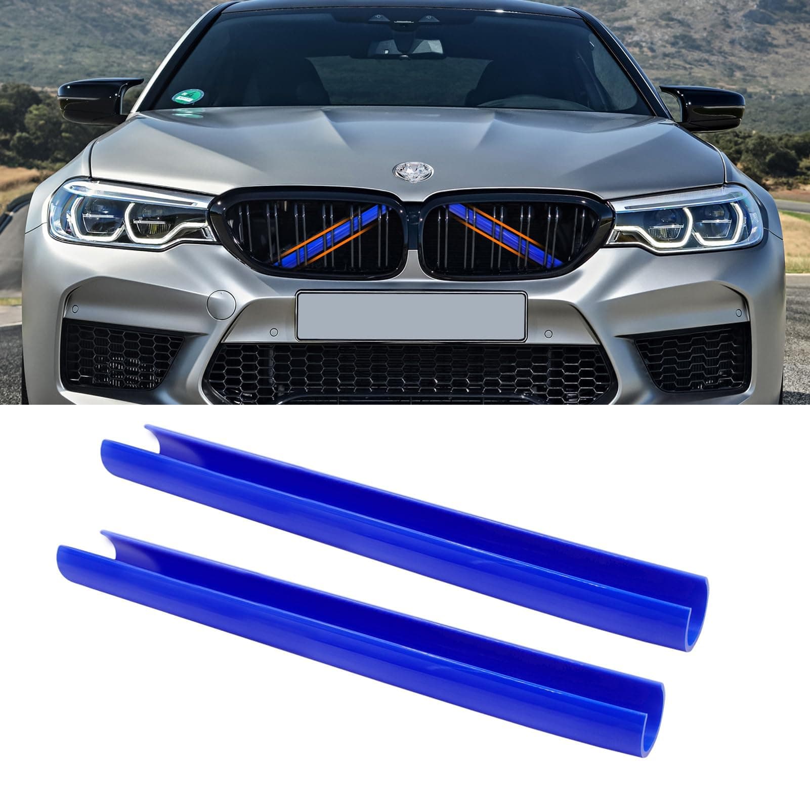 TTCR-II 2PCS Grille Insert Trims Stripe, Front Grille Trim Stripes Cover Compatible with V Brace Covers Guard Accessories for 1 2 3 4 5 6 7 Series F20 F22 F30 F32 G30 G32 G11 G12(Blue)