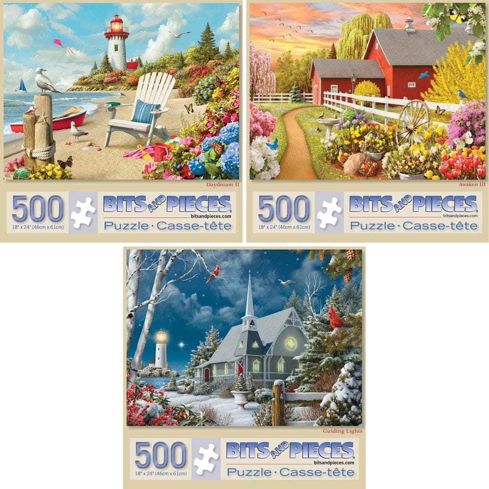 Bits and Pieces - Value Set of Three (3) 500 Piece Jigsaw Puzzles for Adults - Each Puzzle Measures 18" X 24" - 500 pc Awaken, Guiding Lights, and Daydream Jigsaws by Artist Alan Giana