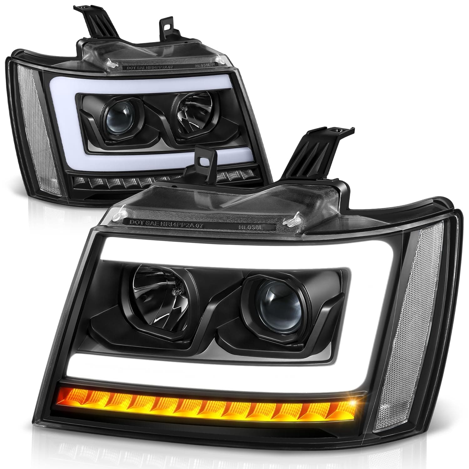 LED DRL Headlights Assembly Compatible with 2007-2014 Chevy Tahoe Suburban Avalanche, Driver Passenger Side Projector Headlamps w/LED Sequential Turn Signal, Black Housing Clear Corner