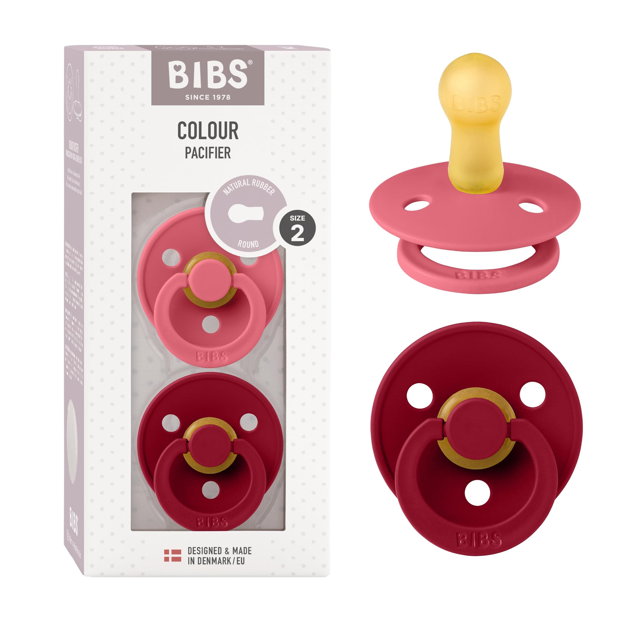 Colour Soother 2-Pack, BPA Free Dummy Pacifier, Round Natural Rubber Latex, Size 2 (6-18 Months), Coral/Ruby