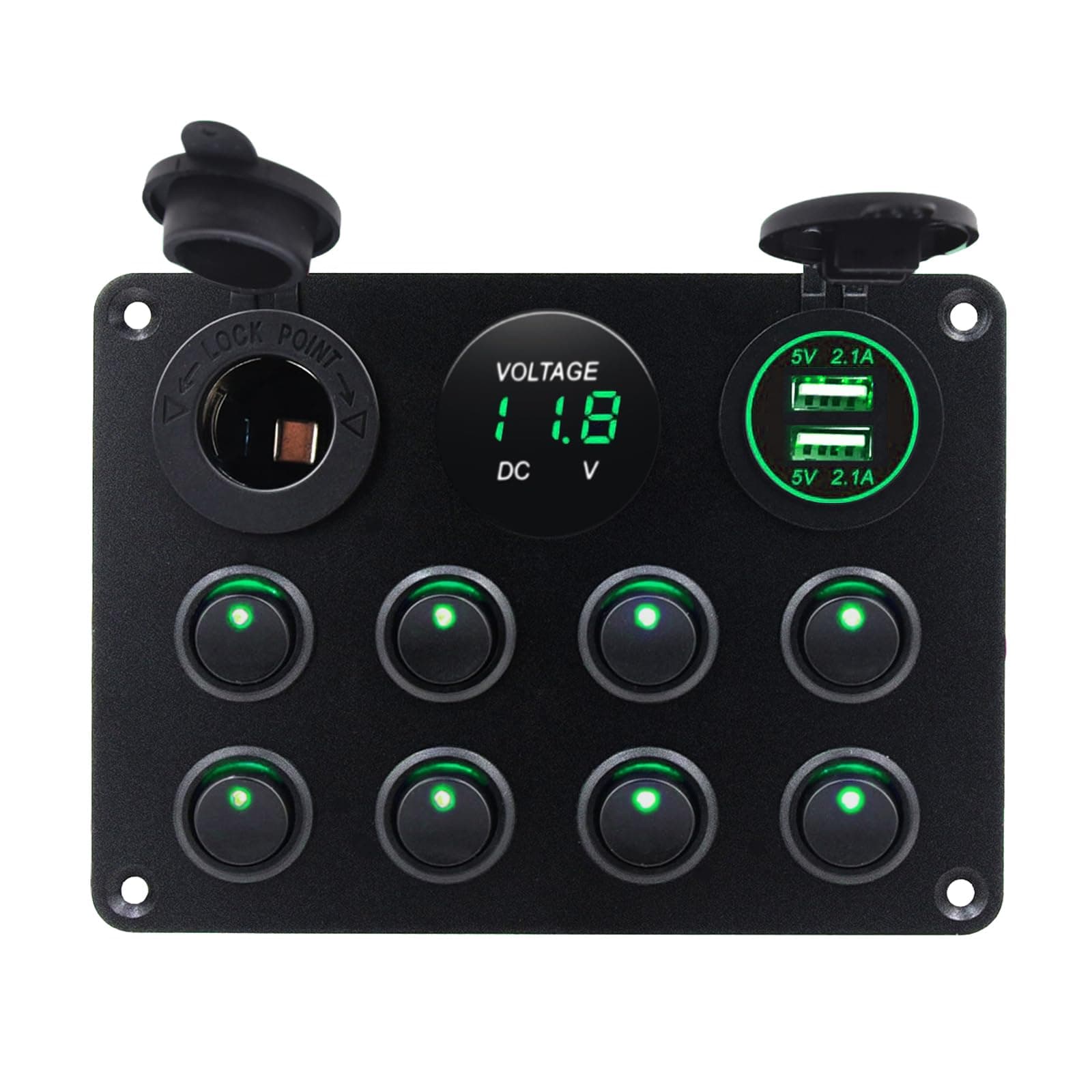 KAOLALI 8 Gang Toggle Switch Panel, IP65 Waterproof 12V/24V Switch Panel with 4.2A Dual USB Charger Port, Lighter Socket, Digital Voltmeter Display for RV Car Boat Vehicles Truck, Green