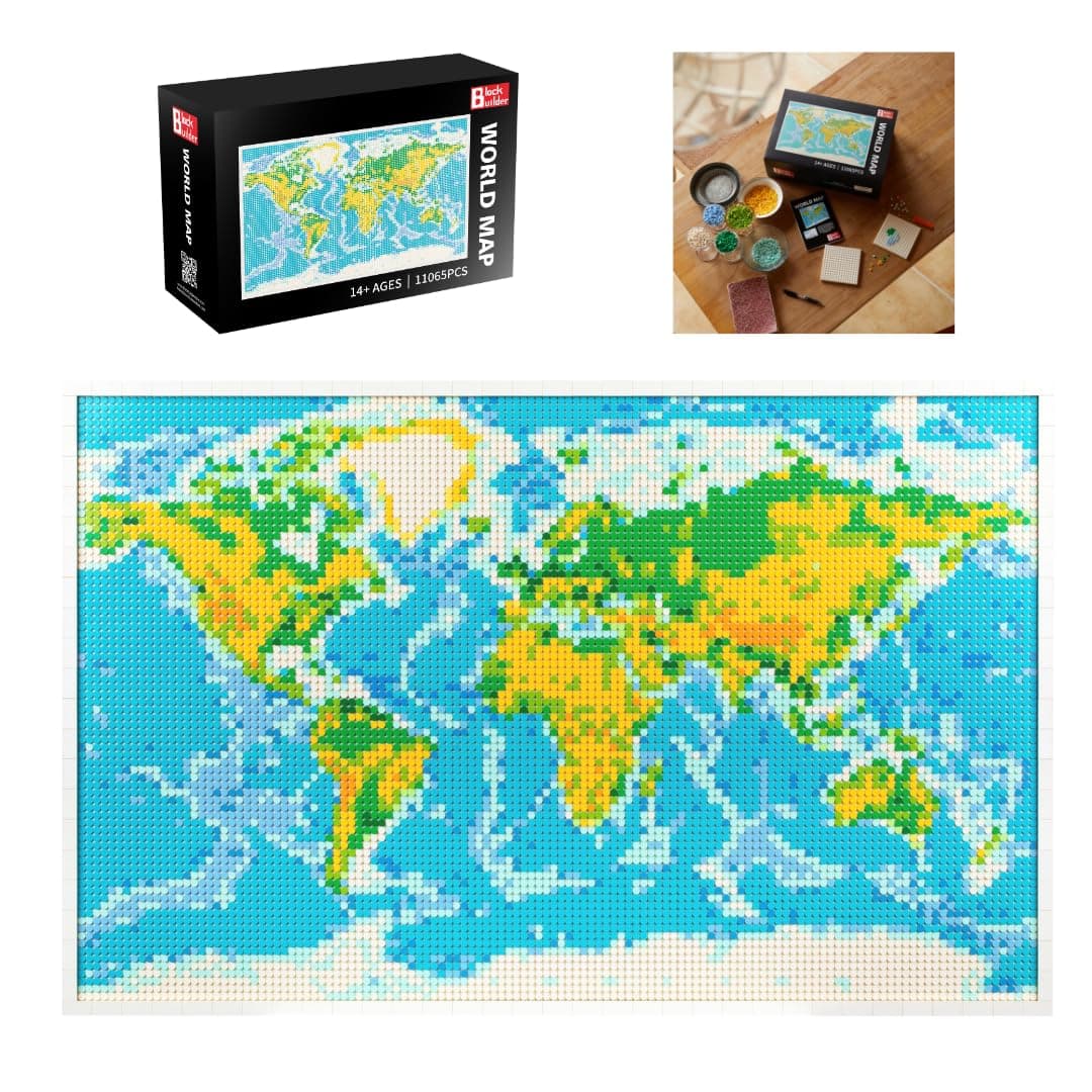 Block Builder World Map Building Set (11065pcs). Wall Art for Map and Geography Enthusiasts. for Adults and Kids 14+ Year Old
