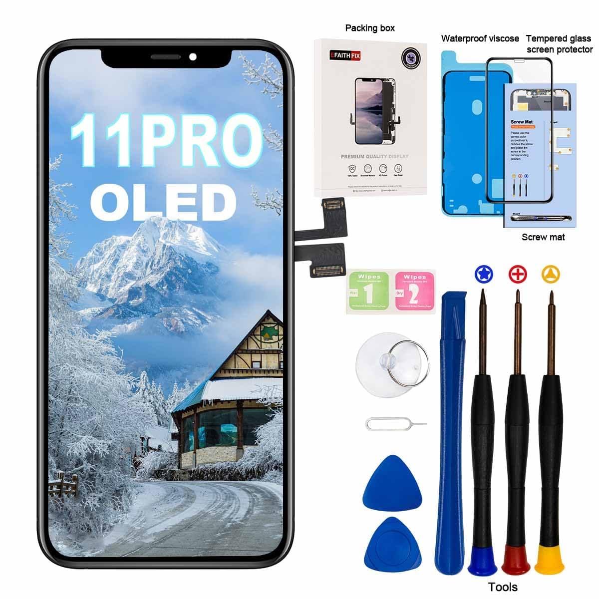 EFAITHFIX for iPhone 11 Pro Screen Replacement OLED 5.8 Inch [NOT LCD] Display 3D Touch Frame Assembly Digitizer with Repair Kit Screen Protector Waterproof Adhesive for Model A2160, A2217, A2215