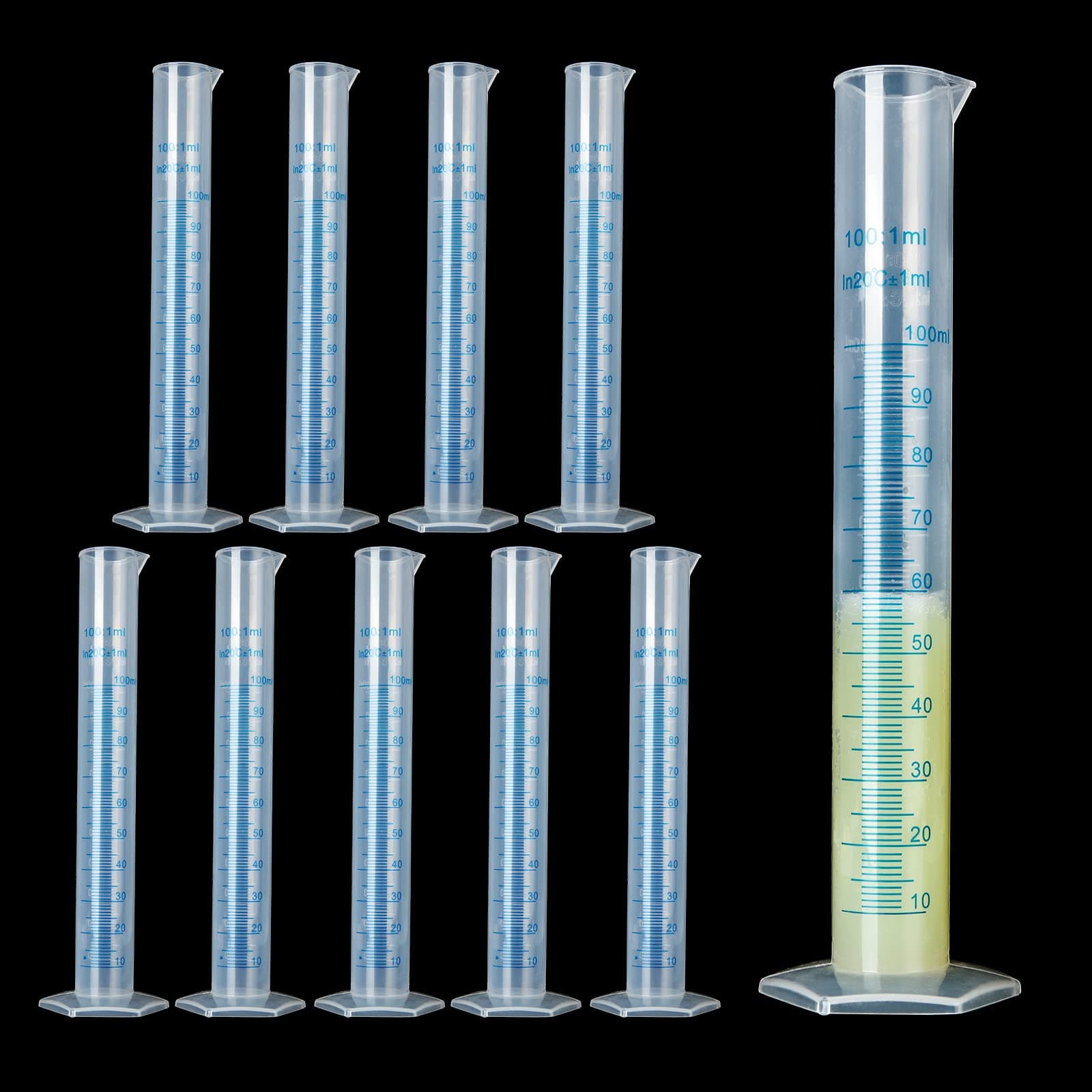 10Pack 100ml Plastic Graduated Cylinder, Transparent Measuring Cylinder Lab Test Tube Flask, 2 Sided Measuring Lines Graduated Cylinder Beaker for Science Lab Project, Pour Spout & Hexagonal Base