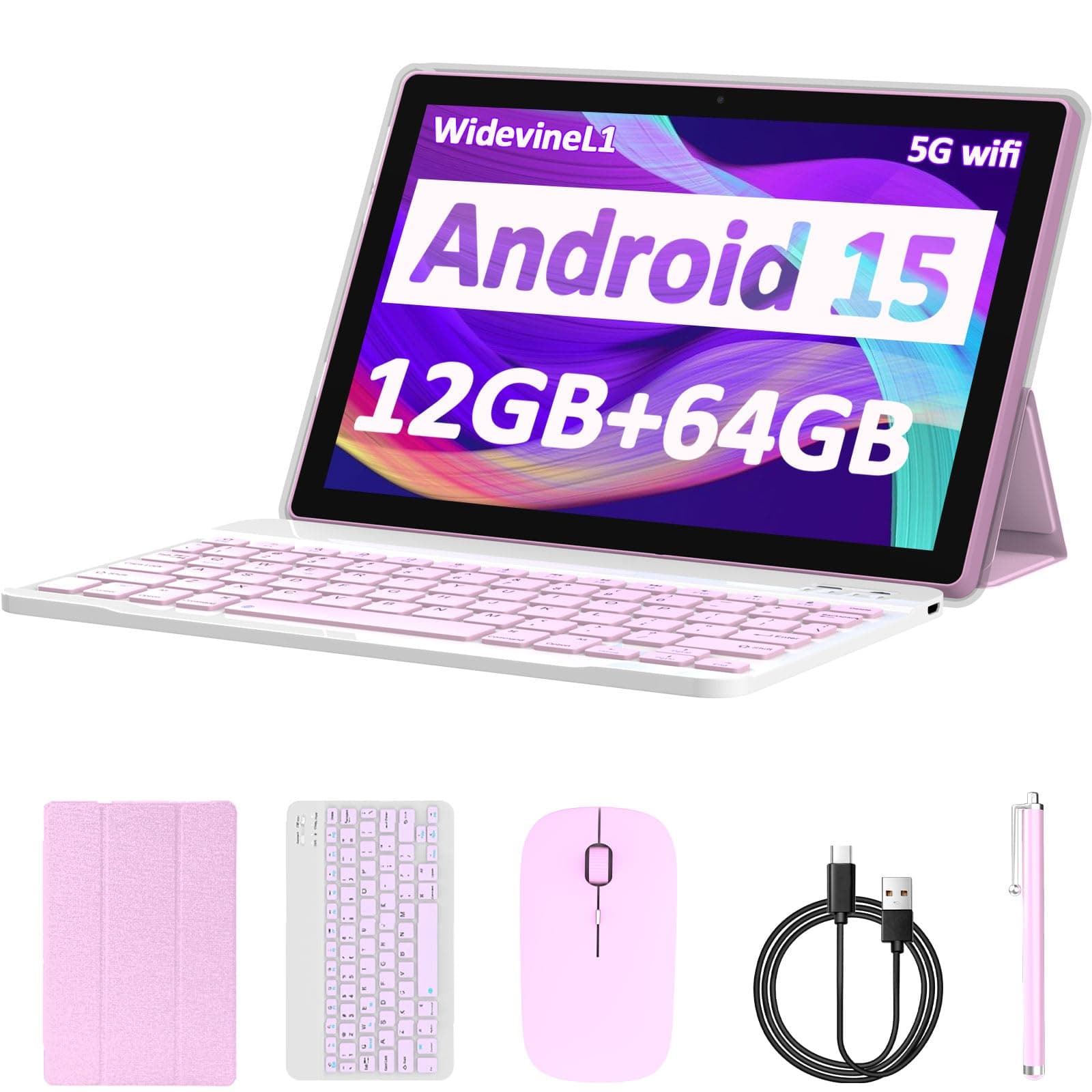 Android 14 tablet, 10 inch tablet, 8GB RAM+64GB ROM, 2 in 1 tablets with keyboard case and mouse stylus, 1.8GHz quad-core processor tablet, touch screen
