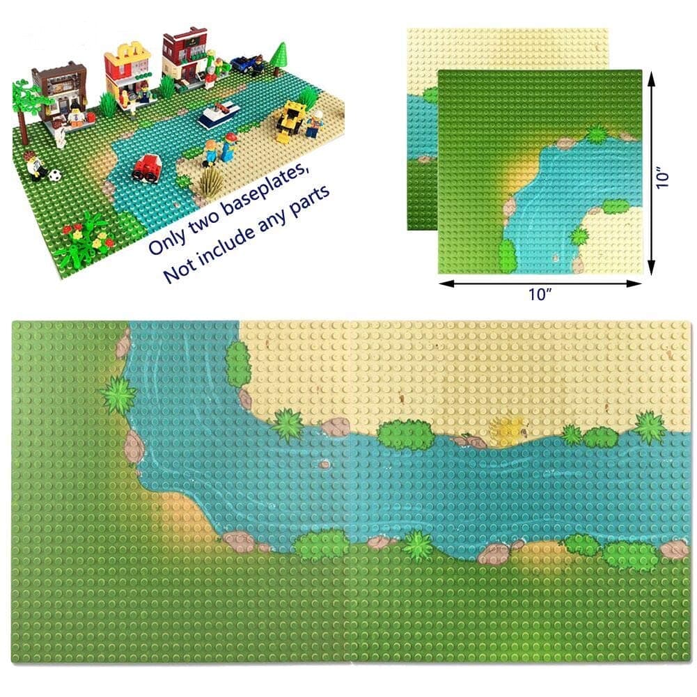 Grassland Rivers Pattern Baseplate 10" x 10" - Building Brick Base Plate Perfect Combination with Major Brands,for City Roads Building Blocks Kids Toy (1 Straight + 1 Curve)