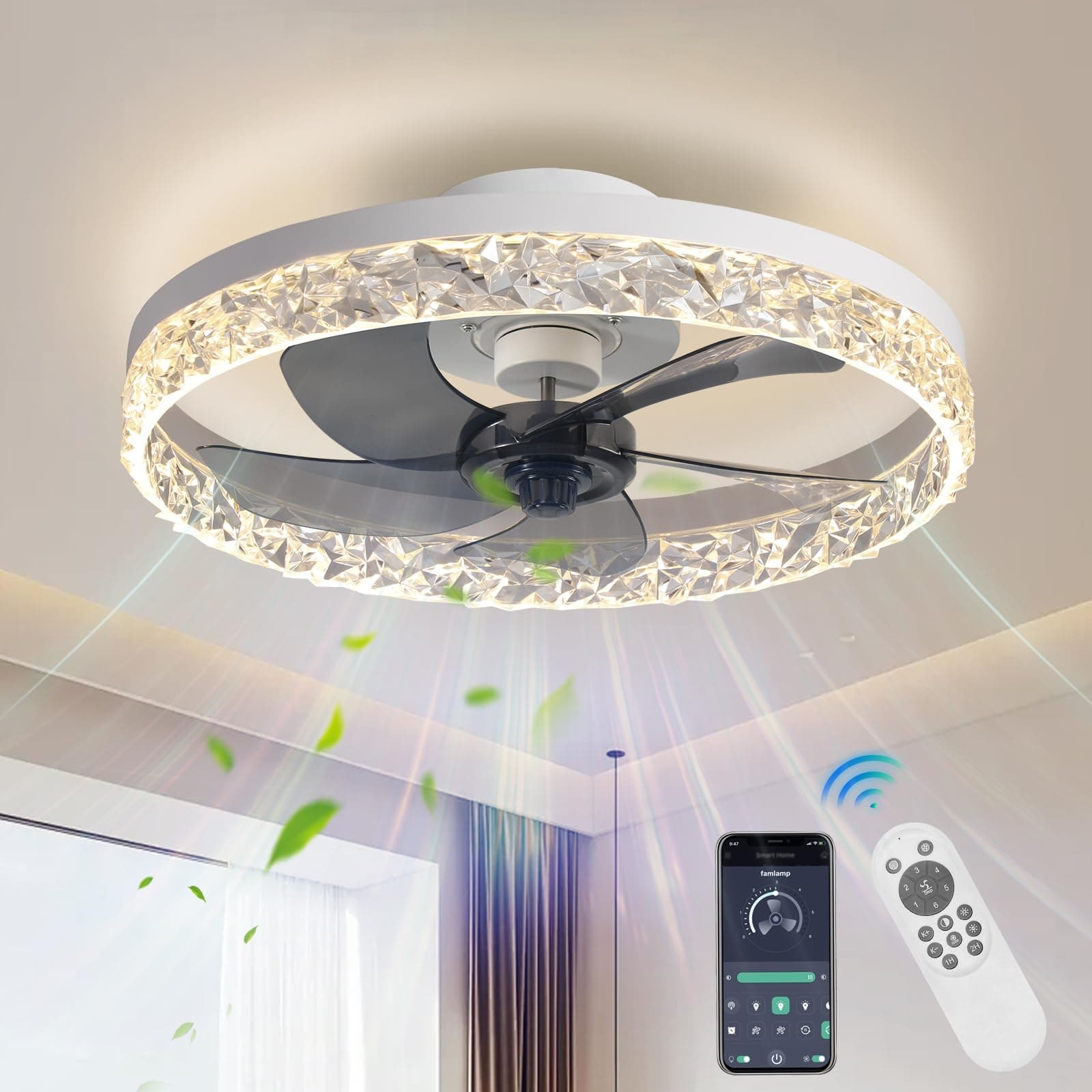 Crystal Ceiling Fans with Lights,19.7" Flush Mount Ceiling Fan with Remote,Low Profile,Reversible,Noiseless,Dimmable,White Fandelier Chandelier Ceiling Fan for Bedroom.