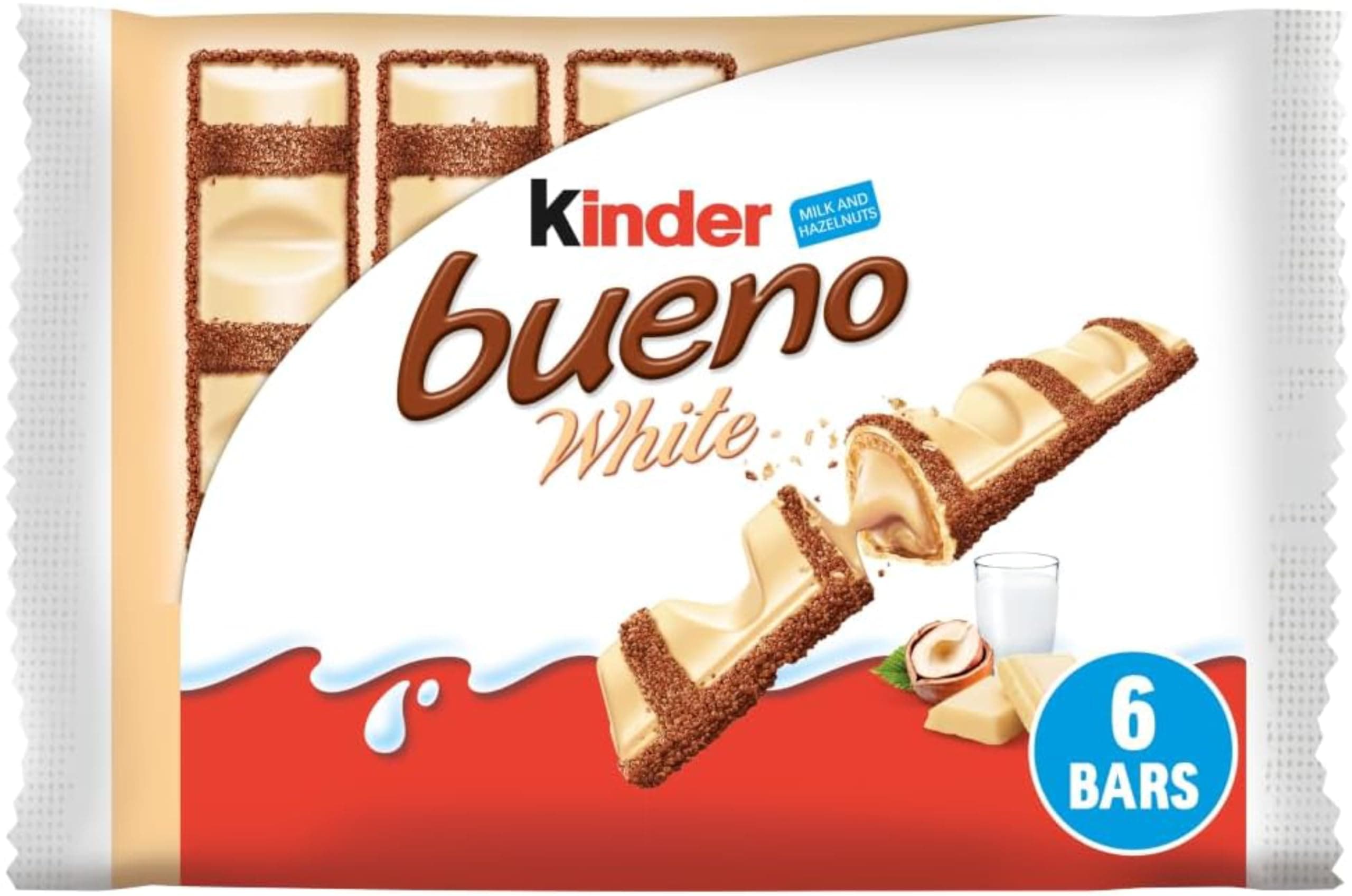 Kinder Bueno White Chocolate Bars Multipack - Crispy Wafer with Creamy Hazelnut Filling & Cocoa Meringue - 3 Packs x 2 Bars (6 Bars Total)