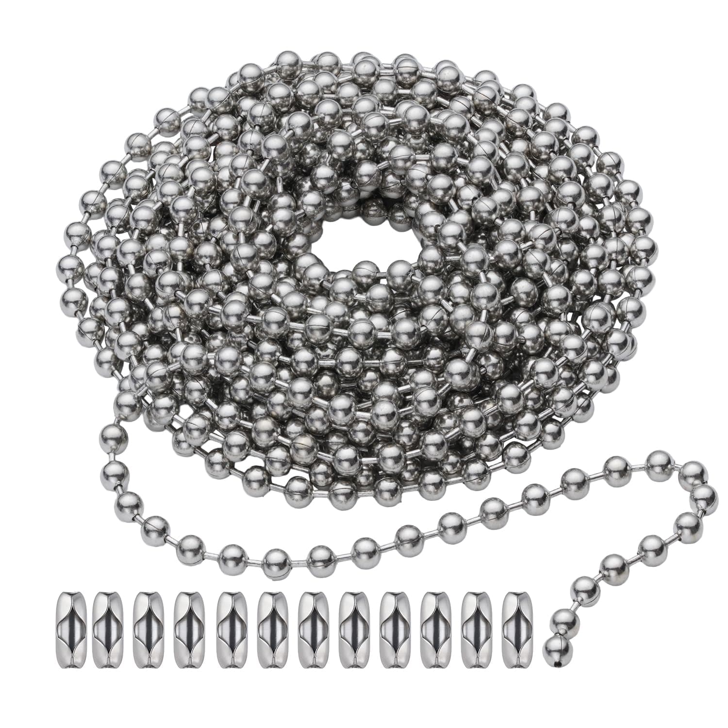 SmoTecQ Ceiling Fan Pull Chain, 120" Rust Proof Copper 3mm Beaded Ball Light Pulls Extension Chains with 12 Connectors, Silver