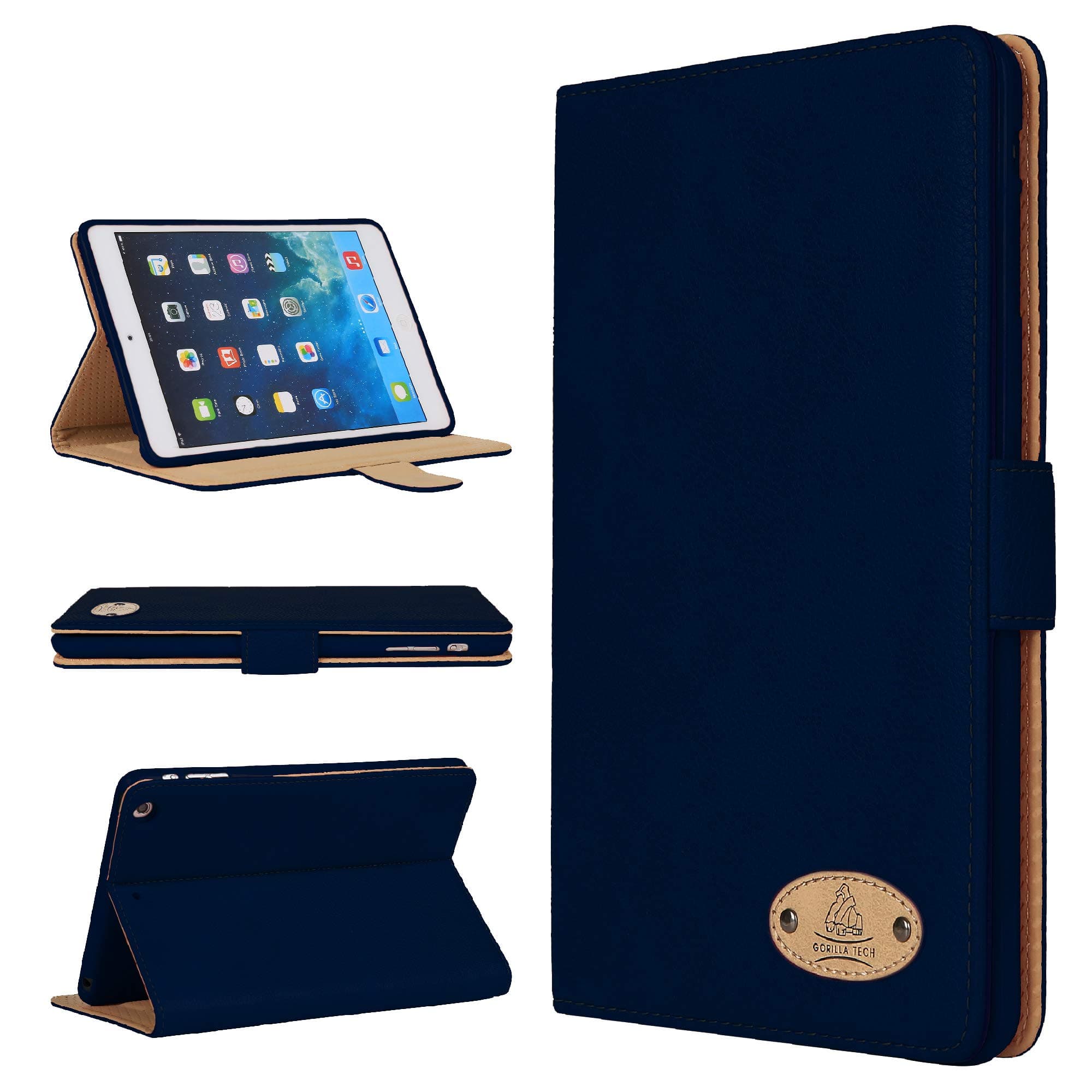 Apple iPad All Models/Genuine Luxury Executive Leather Case Gorilla Tech Brand Smart Protective Designer Cover with Stand in Retail Packing (Navy, iPad Air)